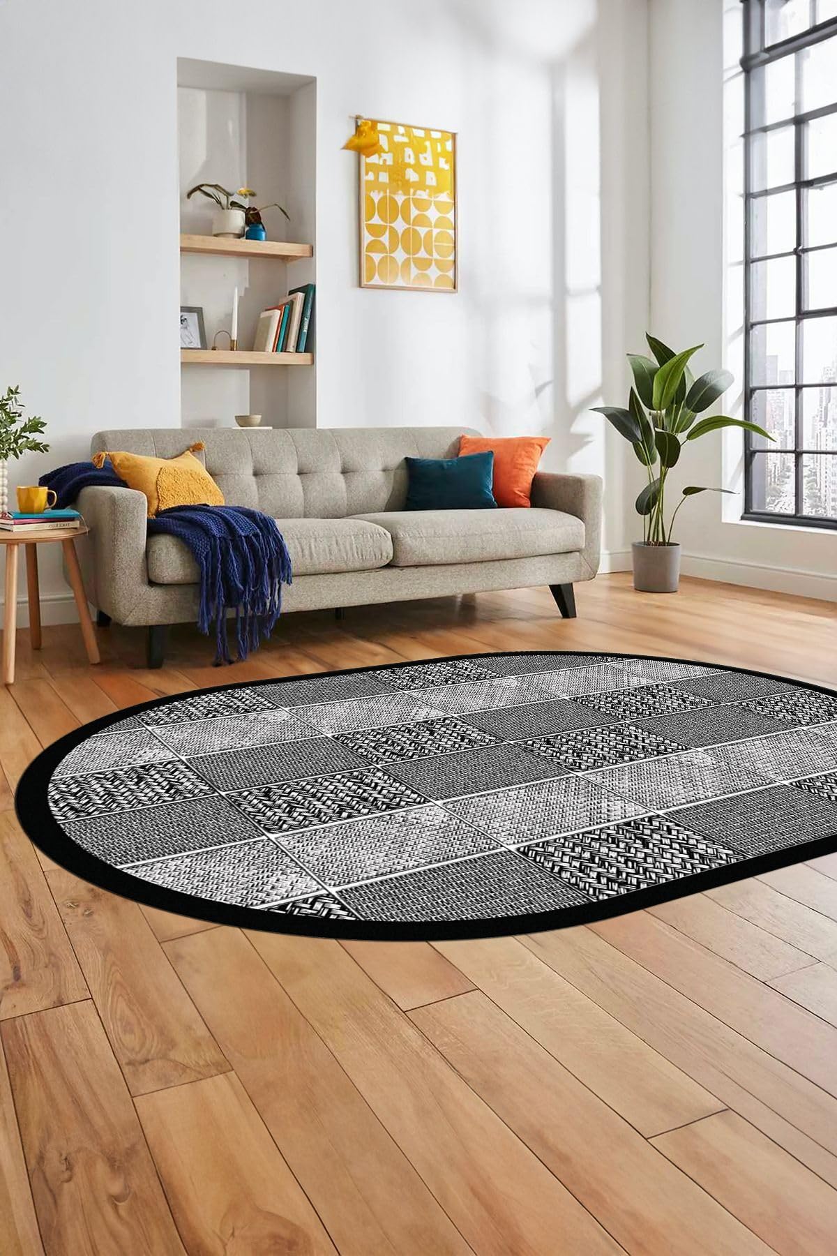 Evdeya Dijital Kaymaz Taban Yıkanabilir Jüt-Hasır Desenli Oval Mutfak Yolluk Salon Halısı O-JÜT-02, Gri, 60 x 100