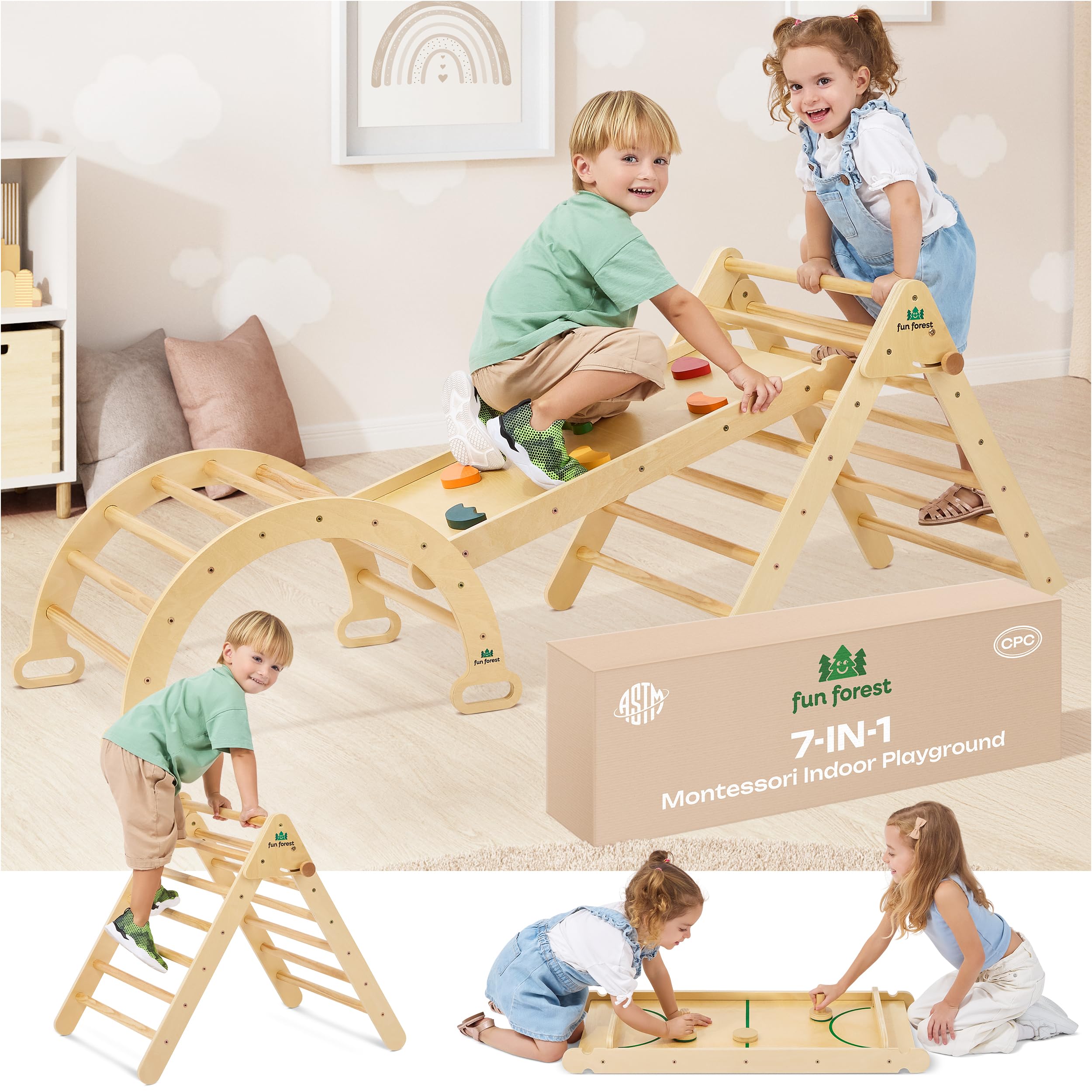 FUN FOREST 7-in-1 Pikler Triangle Set, Real Wood Montessori Climbing Set, Foldable Toddler Climbing Toys Indoor, Baby Climbing Gym: Arch, Ramp, Ladder, Hocky Table