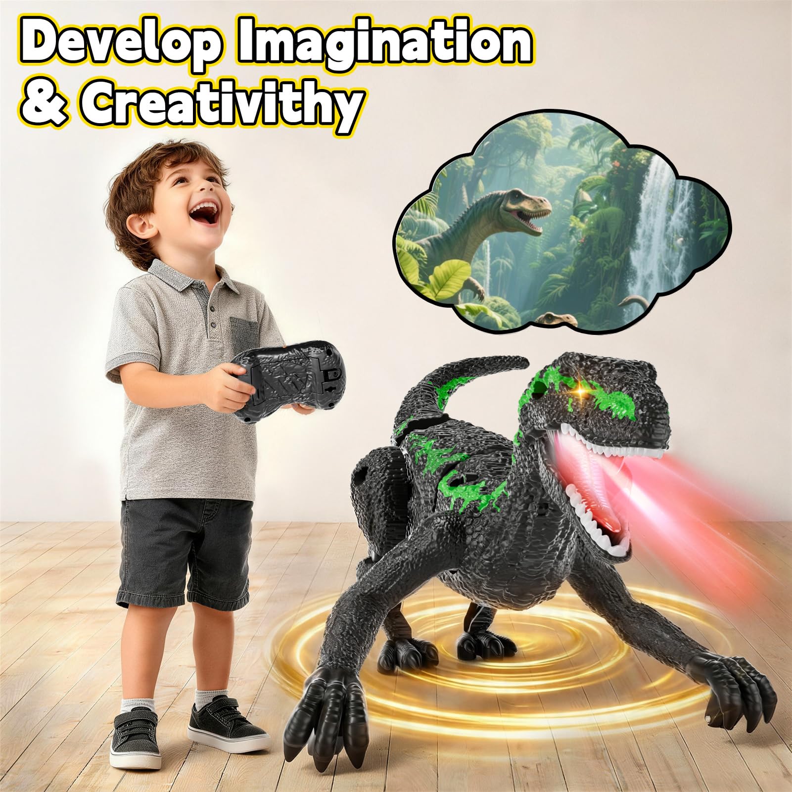 Dinosaure Télécommandé RC Rechargeable 2,4 GHz avec Yeux 3D et 3 Sons, Jouet Interactif pour Enfants 3+ (Vert)