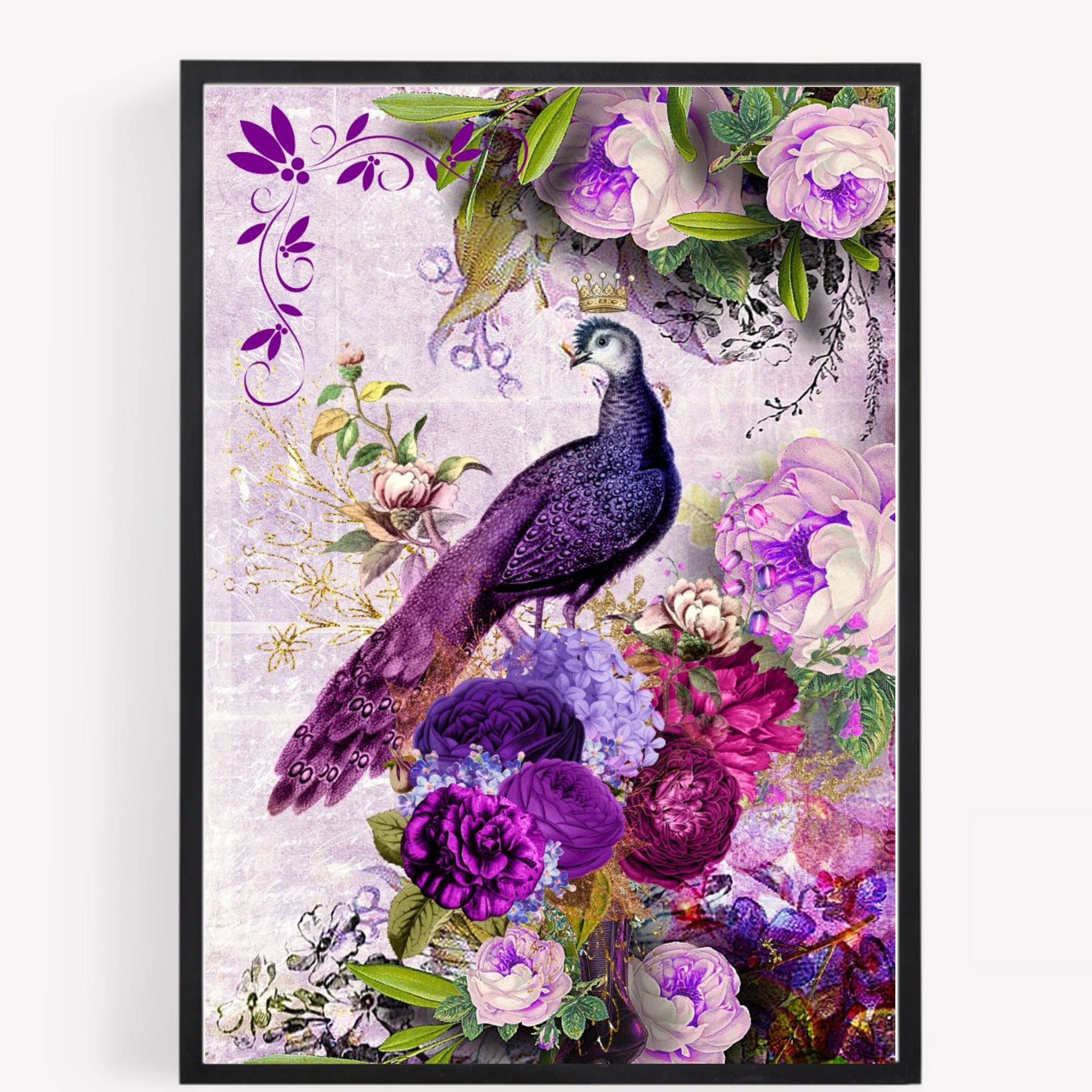 Gfc Black White Purple Vintage Style Peacock Print Picture Poster Gift A4 Unframed 1 Wall Art Home Decor Decorating Colour