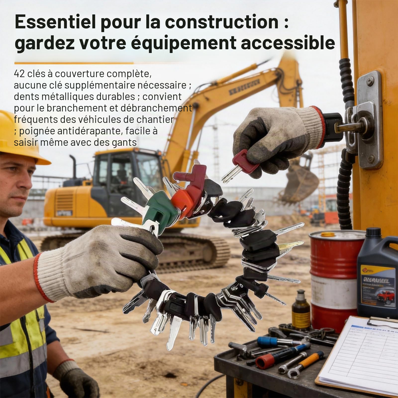 Set de 42 Clés pour Engins de Chantier, Clés d'Allumage pour Pelleteuses, Cat, Komatsu, Kubota, Hitachi, Takeuchi, Volvo, Bobcat, John Deere, Toyota, JLG, Genie