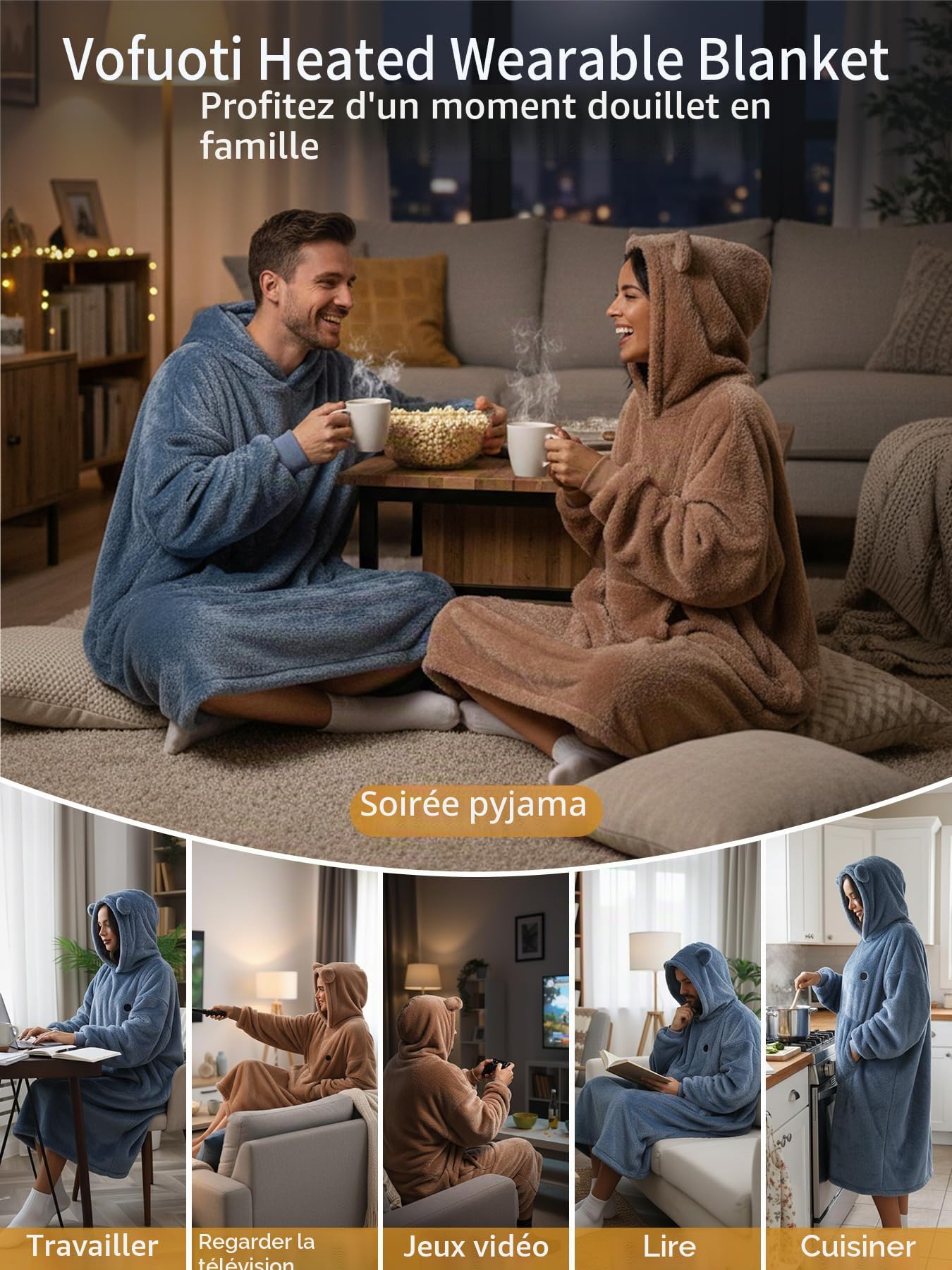 Couverture à capuche chauffante avec manches,avec batterie,10000 mAh,cadeau pour femme,couverture portable à enfiler sans fil flanelle,Sweat à Capuche Couverture,Cadeau de Noël pour petite amie 75x110
