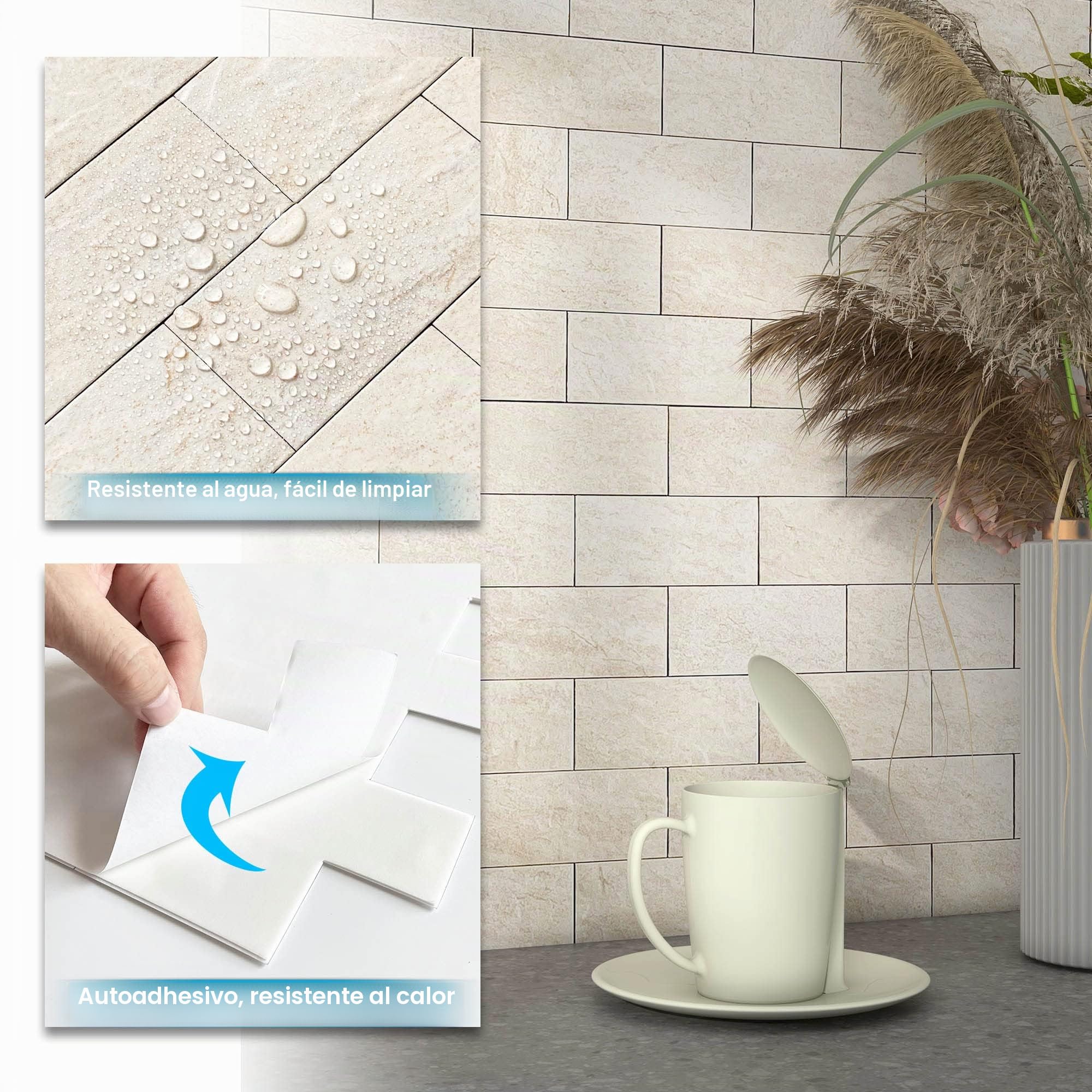 BeNice Loseta en muro de despegar y pegar para cocina, baño, azulejos de ducha impermeables (10 hojas, beige rústico)