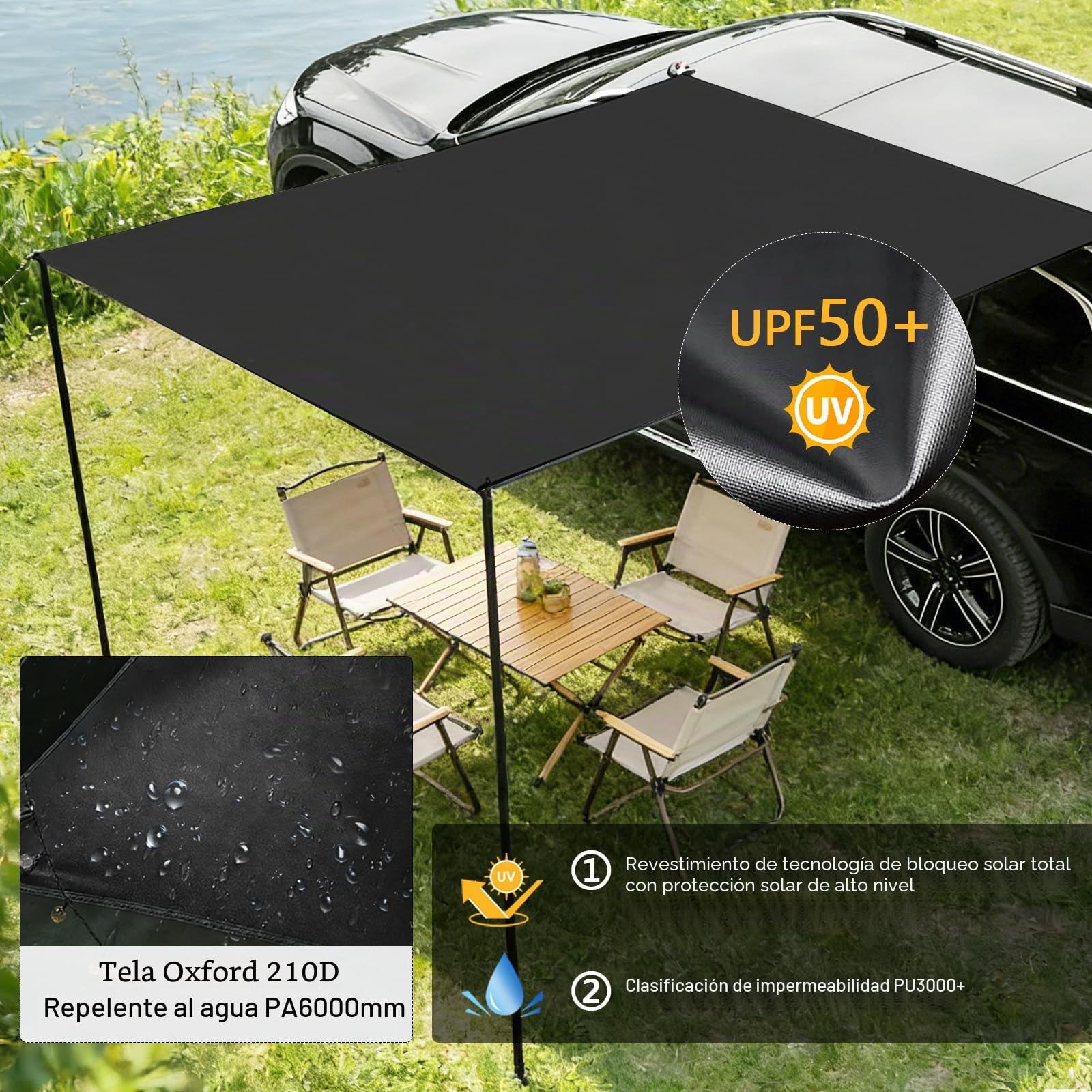Kit de Toldos para Coche 200x300cm, con 2 Postes, 8 Cuerdas de Amarre, 8 Estacas, 2 Ventosas, Bolsa de Almacenaje y Saco de Transporte, UPF50+, PU3000+ Impermeable, para Aventuras Off-Road (Negro)