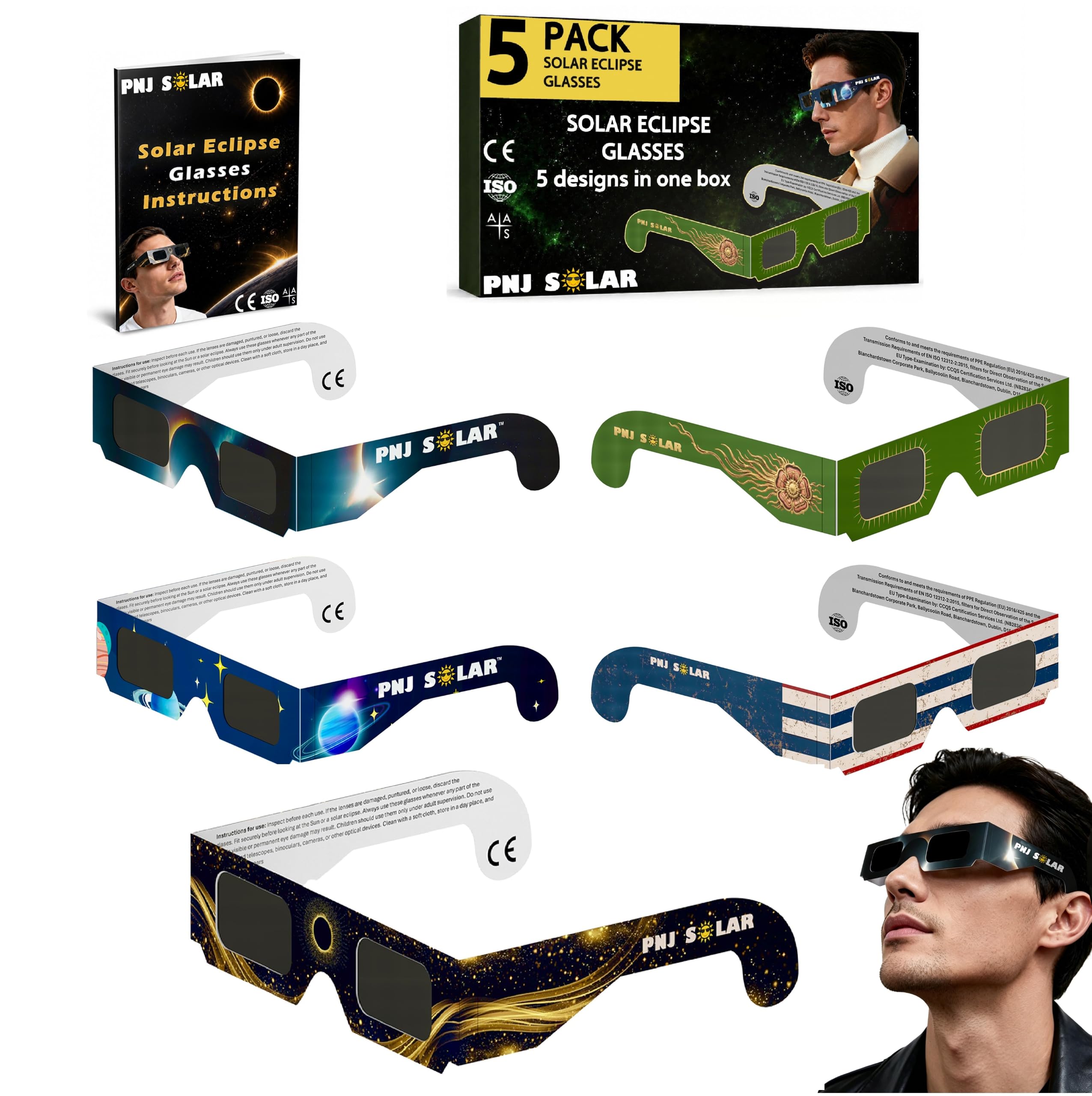 [5 Pack] ISO and CE Certified Solar Eclipse Glasses – Glasses For Safe View Solar Eclipse 2026 – The Eclipse August 12, 2026-5 designs in one pack