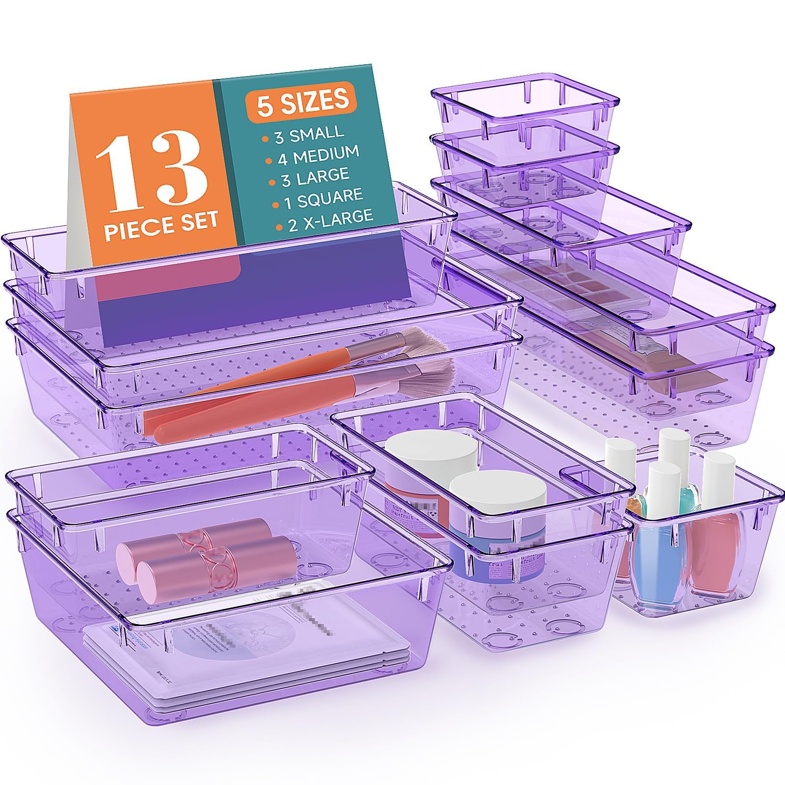 13 PCS Drawer Organizer Set, 5 Varied Size Bathroom and kitchen Drawer cabinet organizer Trays, Clear Storage Bins for Makeup, Jewelry, Utensils and Gadgets, Purple