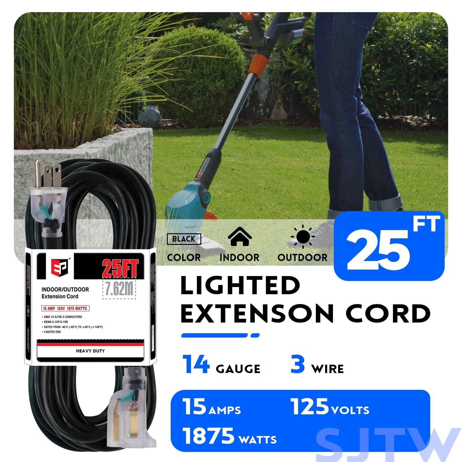 EP Cable de extensión de 25 pies 14/3 iluminado para exteriores, calibre 14, 3 clavijas, SJTW, cable de extensión negro resistente con enchufe de 3 clavijas para mayor seguridad, ideal para jardín y