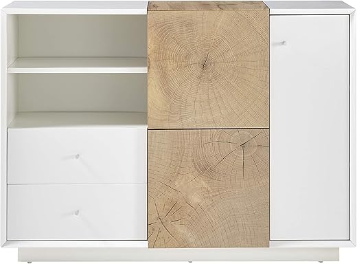 Robas Lund Wohnzimmerschrank Kommode weiß matt, Wohnzimmerschrank mit Absetzung Eiche Hirnholzoptik, BxHxT 116x83x40 cm