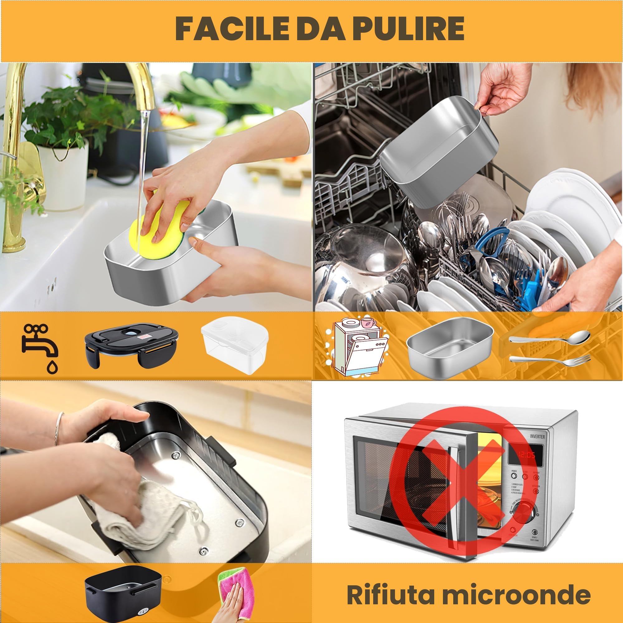 Nifogo Scaldavivande Elettrico 100W Lunch Box Elettrica 3 in 1 Contenitore Portavivande 1,5L l'ufficio, casa, Auto, Camion 12V 24V e 230V con Grigio Borsa isolante e Set di Posate(Nero)