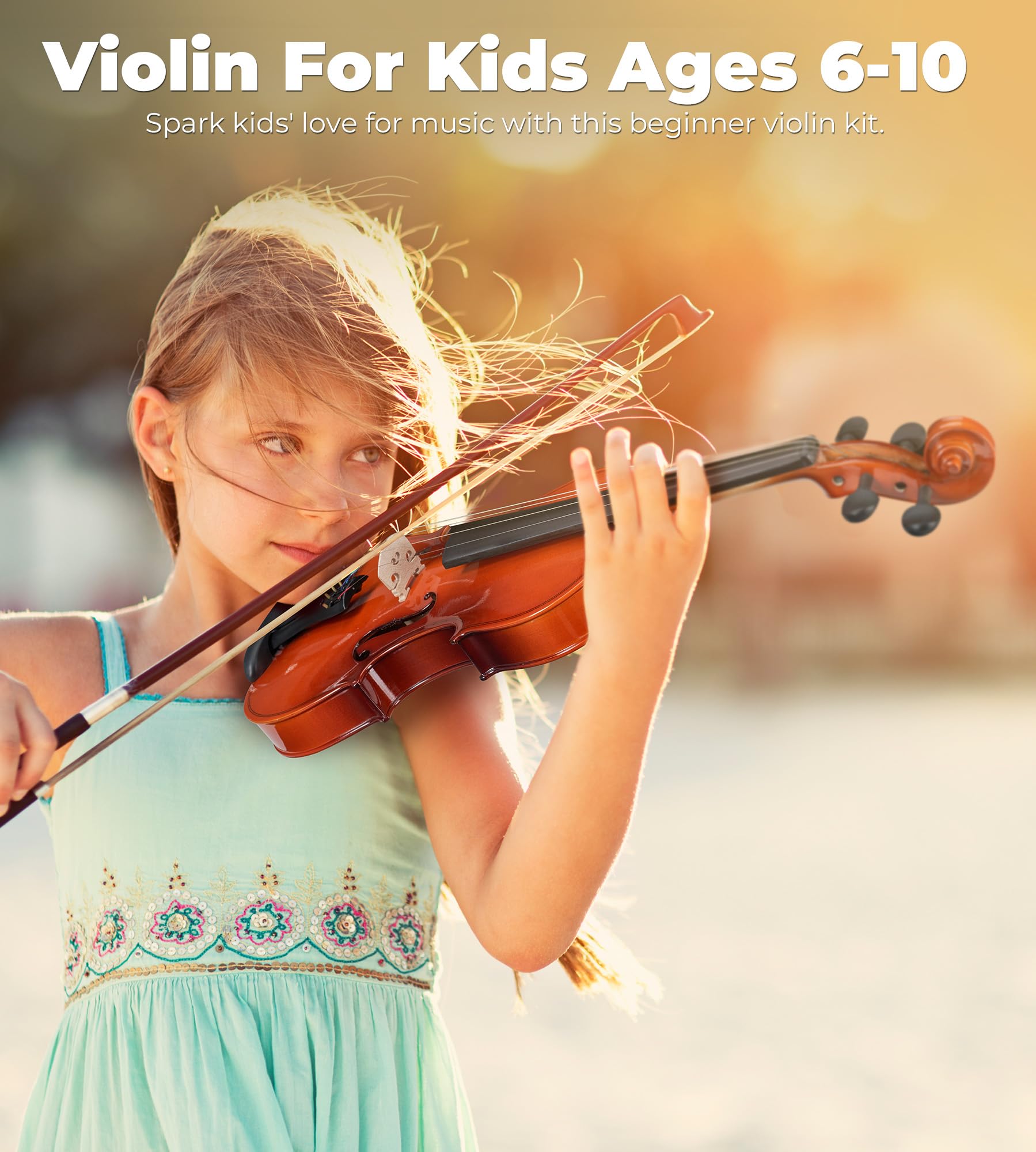 Vangoa Kit violino 1/2 per principianti, per bambini dai 6 anni in su, set con custodia rigida, colofonia, arco, corda, spalliera, adesivo guida per tastiera, satinato anticato