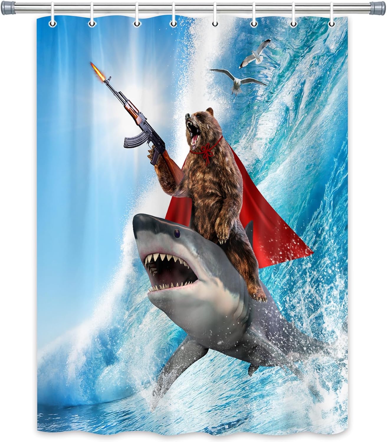 Funny Cat Shower Curtain, Fun Cat Riding Shark Shower Curtain Liner, Ocean Sea Blue Kids Waterproof Bathroom Curtain Set with Hooks 69x84inches