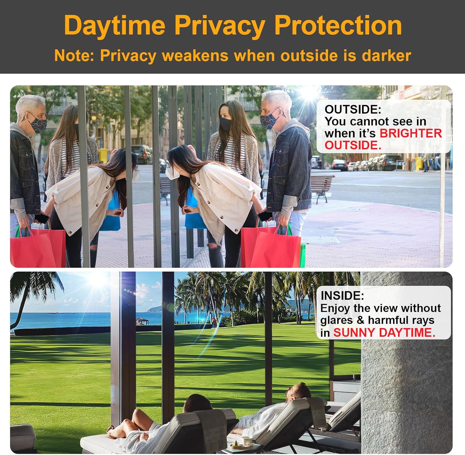 Window Privacy Film See Out Not in, One Way Privacy Window Film, Removable Window Tint for Home, Reflective Static Cling Window Film Heat Blocking, Black Silver, 23.6 inch X 157.4 inch