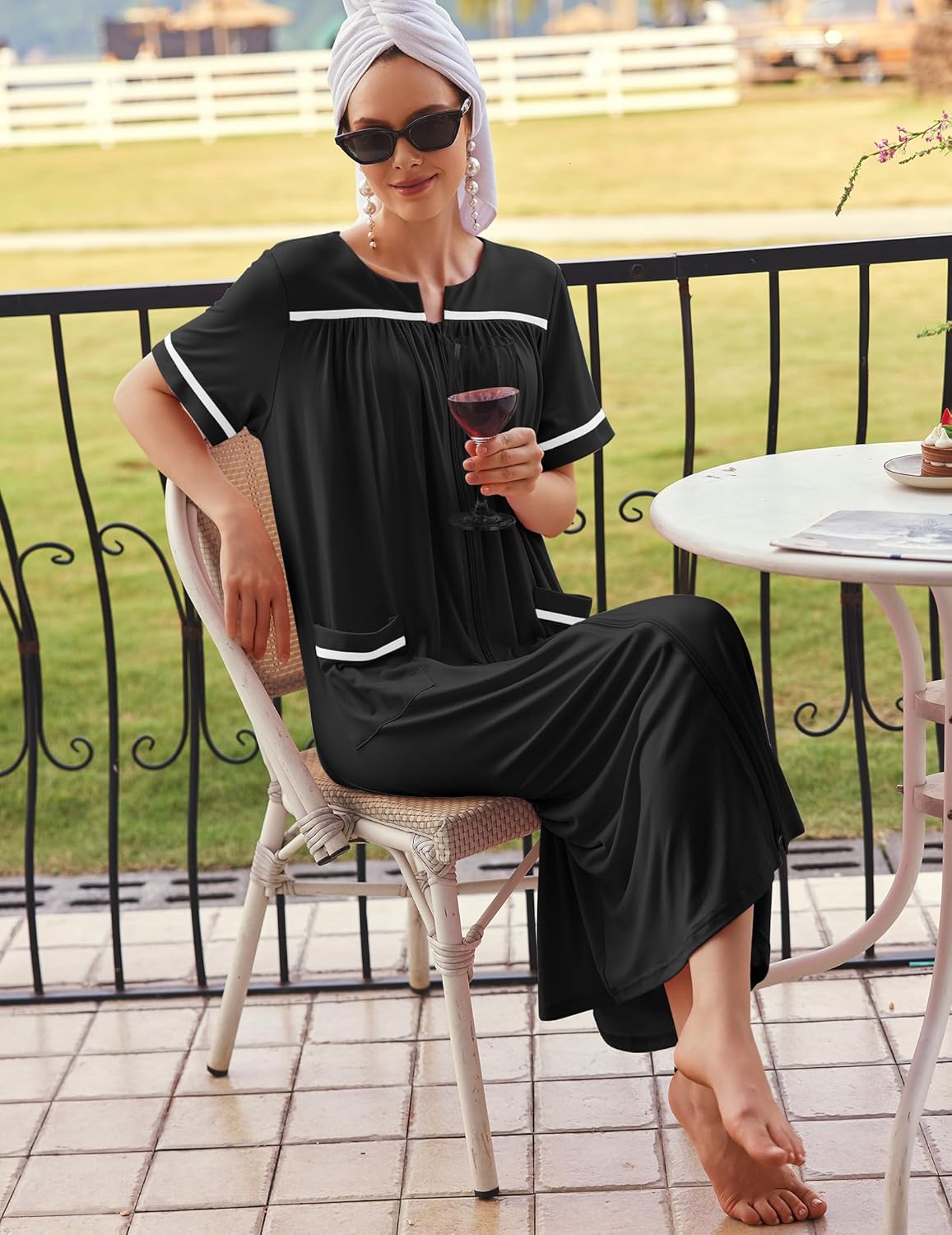 Ekouaer Women Zipper Robes Knit Short Sleeve House Coat Soft Bathrobe Full Length Housecoat Dressing Gown with Pockets - Image 3