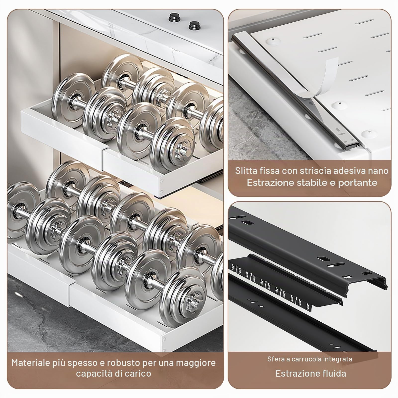 Dokeno 2 cassetti telescopici con colla, organizer per cabinet estraibile, larghezza regolabile (32-52 cm), cassetti per mobili da cucina, organizer per armadio espandibile per cucina, bagno (bianco)