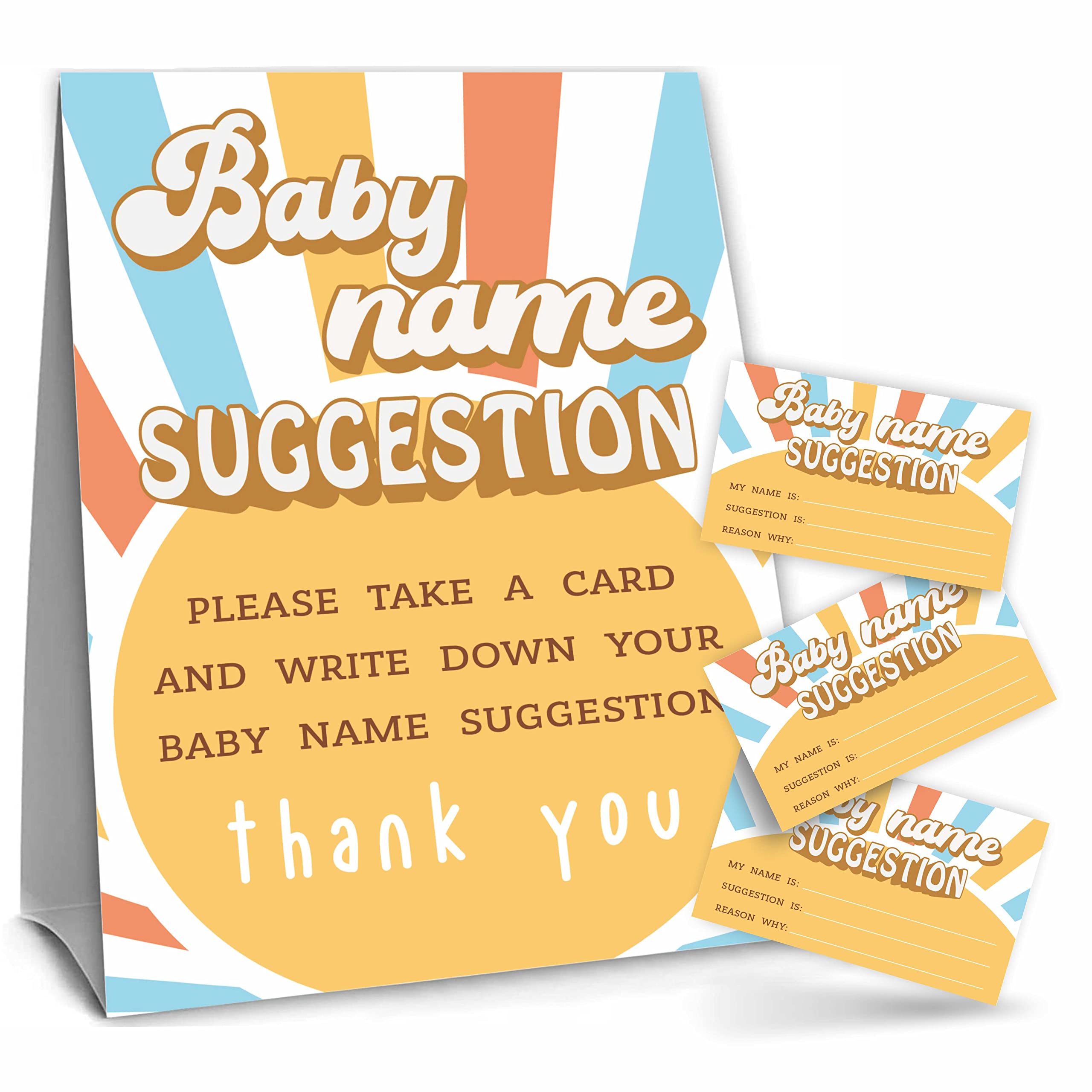 Retro Pop Theme Baby Name Suggestion Game Set, Baby Shower Game Kit，1 Standing Sign & 50 Tickets, Boho Sun Baby Shower Decorations，Party Favor And Supplies-MZLK-A02
