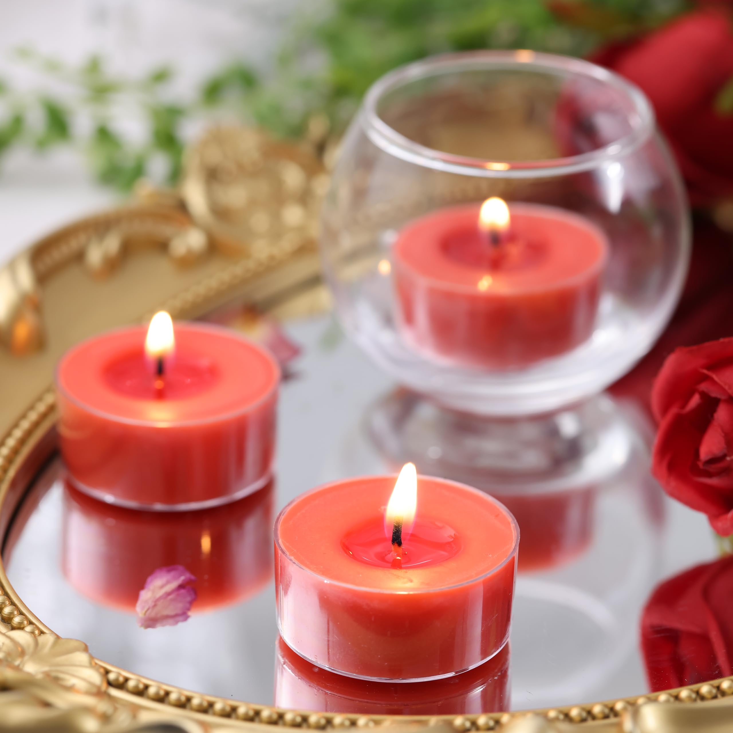 DEVI 12 Pack Fresh Rose Scented Tea Lights Candles, 4 Hours Natural Palm Tea Candles Bulk for Home Scented, Small Tealight Votives with Essential Oils for Home, Wedding, Baby Shower Favors & Gifts