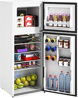 - 4 Cu.Ft Mini Fridge with Freezer, Double Door Compact Refrigerator with Adjustable Thermostat, Shelf and Reversible Door for Bedroom, Dorm, Home Office, Energy Efficient, White