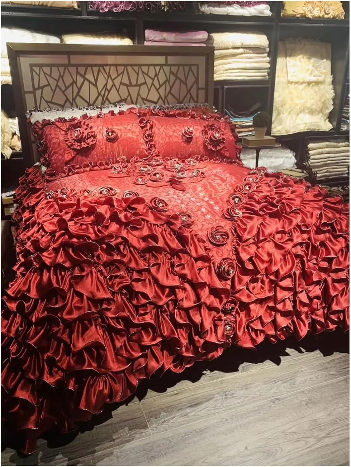 Red Luxury European Wedding Style Jacquard Stereoscopic Rose Lace Edge Bedspread Coverlet Bed Sheet Bed Skirt Pillowcases Bed Four Pieces Set(G)