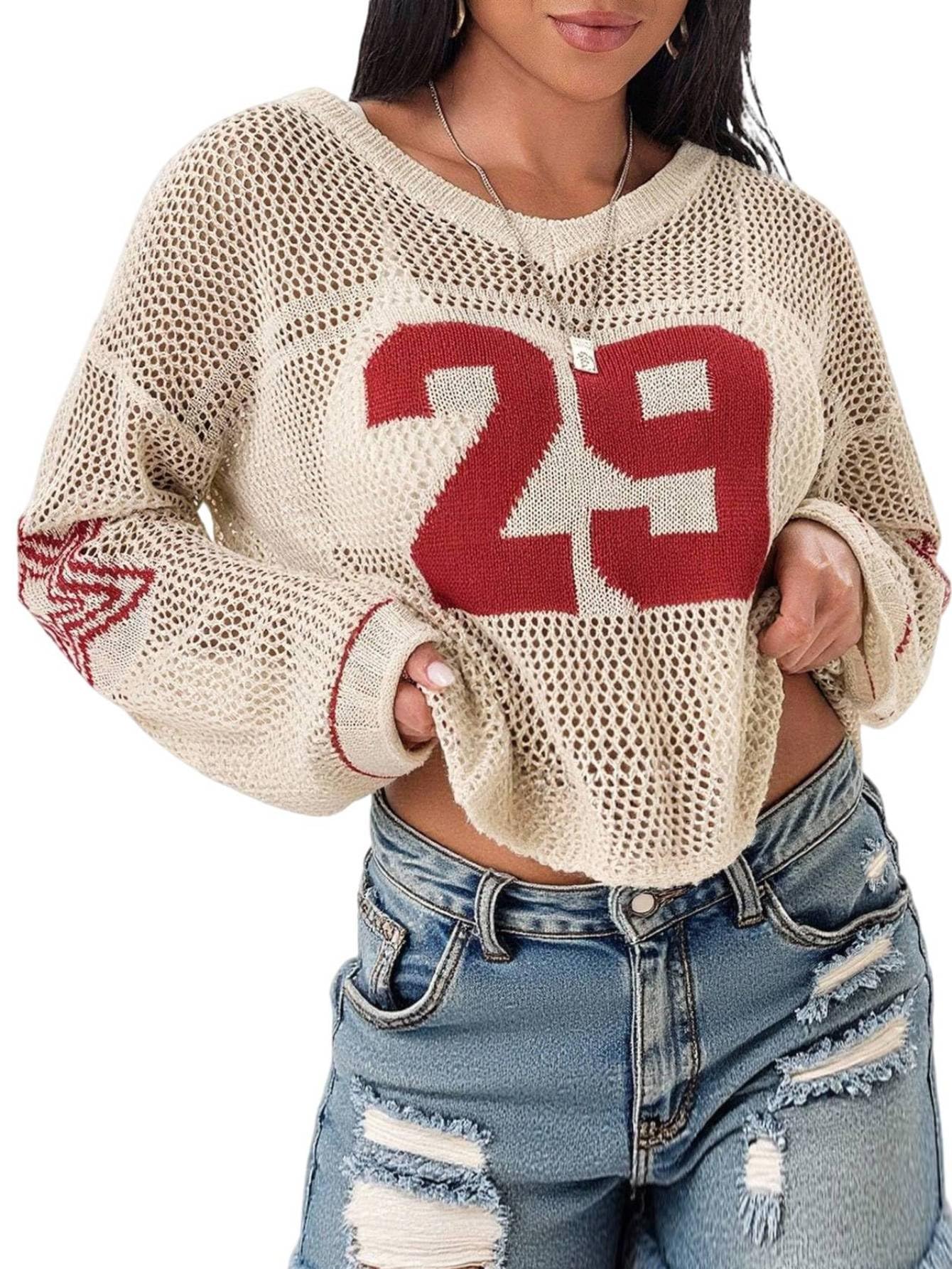 Milumia Womens Number Jersey Sweater Shirt Y2k Graphic Oversized Crochet Sweaters Long Sleeve Going Out Streetwear
