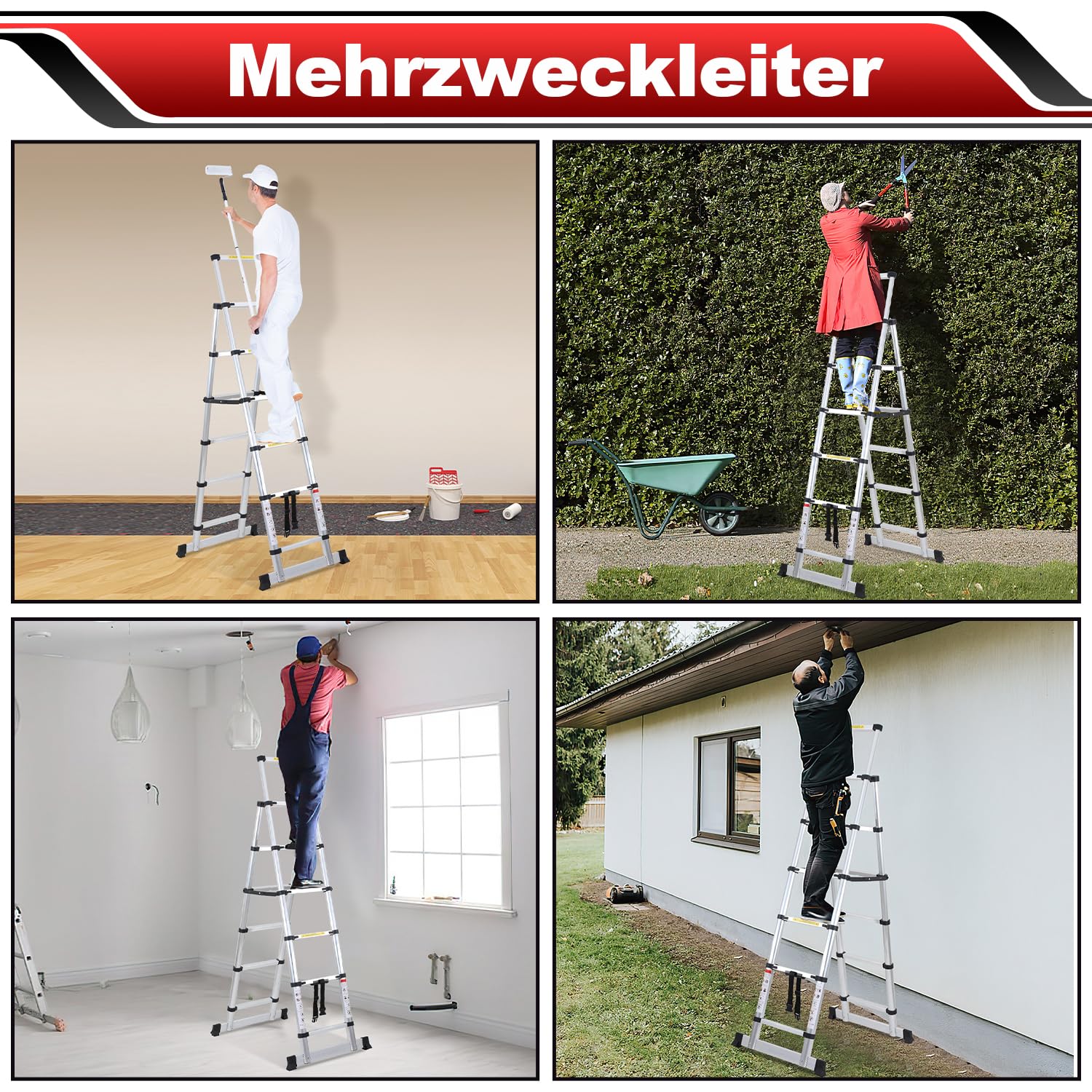 Drabina teleskopowa, składana drabina, 2 m + 2,3 m, aluminiowa drabina wysuwana, rama A, 6 + 7 szczebli, antypoślizgowa drabina aluminiowa, drabina wielofunkcyjna, maksymalna nośność 150 kg