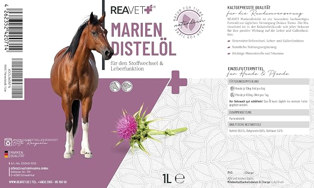 Foto 4 de 6 de ReaVET Aceite de cardo mariano para perros y caballos, 1 litro, puro en calidad alimentaria, aditivo Barf