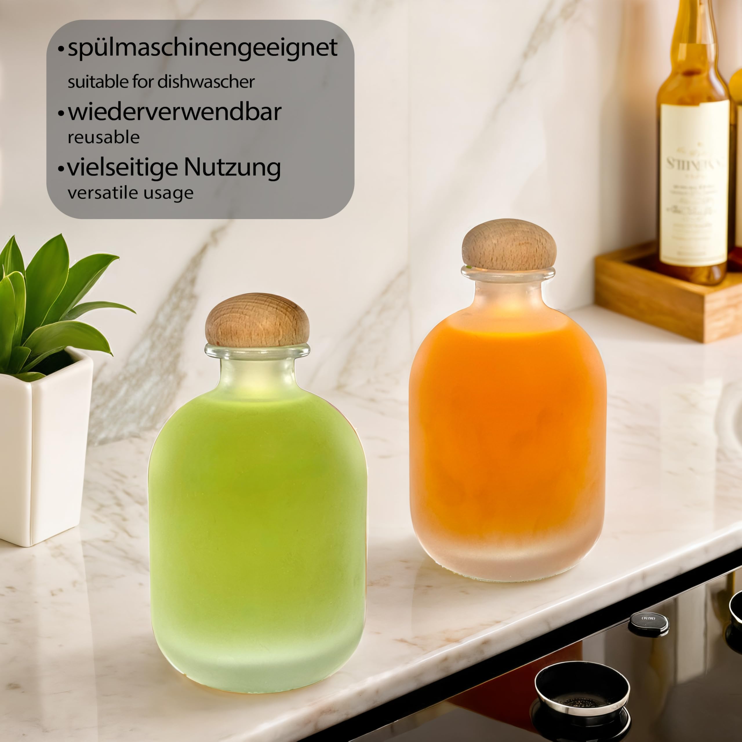 gouveo 3er Set Glasflasche 350 ml Arctic mit Korken (HGK) - Gefrostete Design-Flasche 0,35l aus Glas mit Stopfen - Runde Flasche für Likör, Whisky, Cognac, Rum (FARM350HGK)