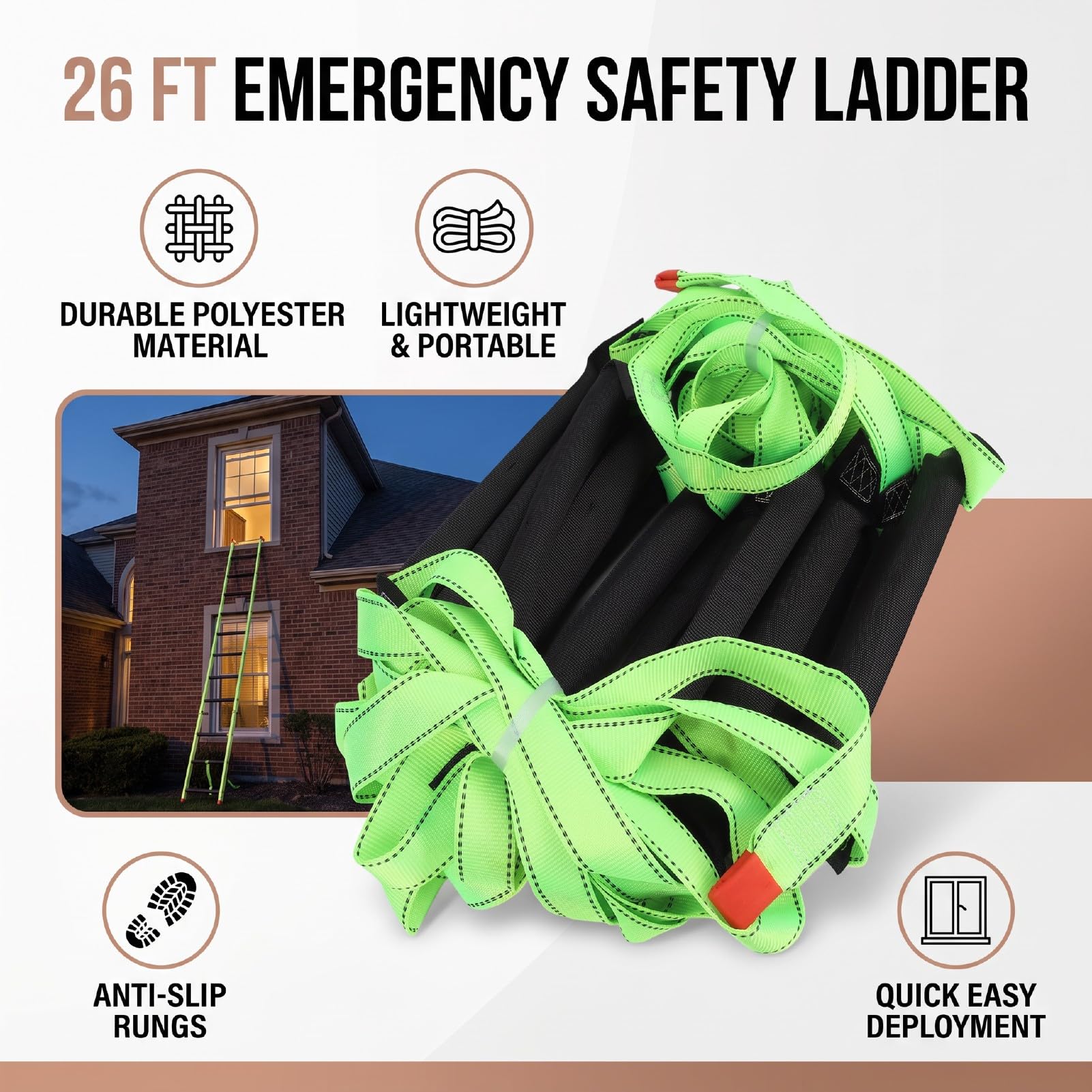 Escalera de Escape de Incendios, Escalera de Emergencia | Escalera de Cuerda de Emergencia con Correas de Poliéster y Peldaños de Pino