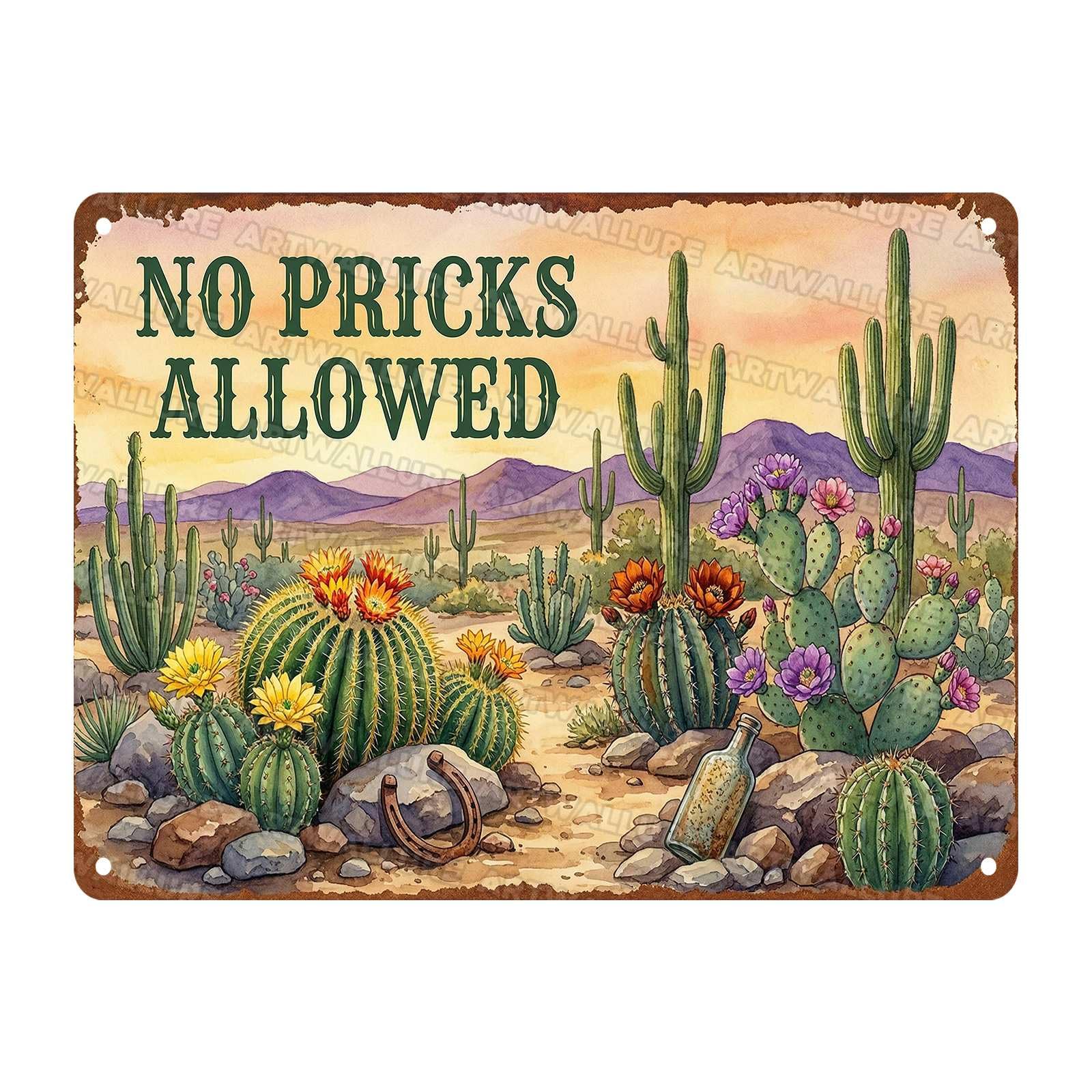 Cactus Desert Tin Sign No Pricks Allowed Metal Sign For Succulent Fans Front Door Porch Patio Office 12x16Inch