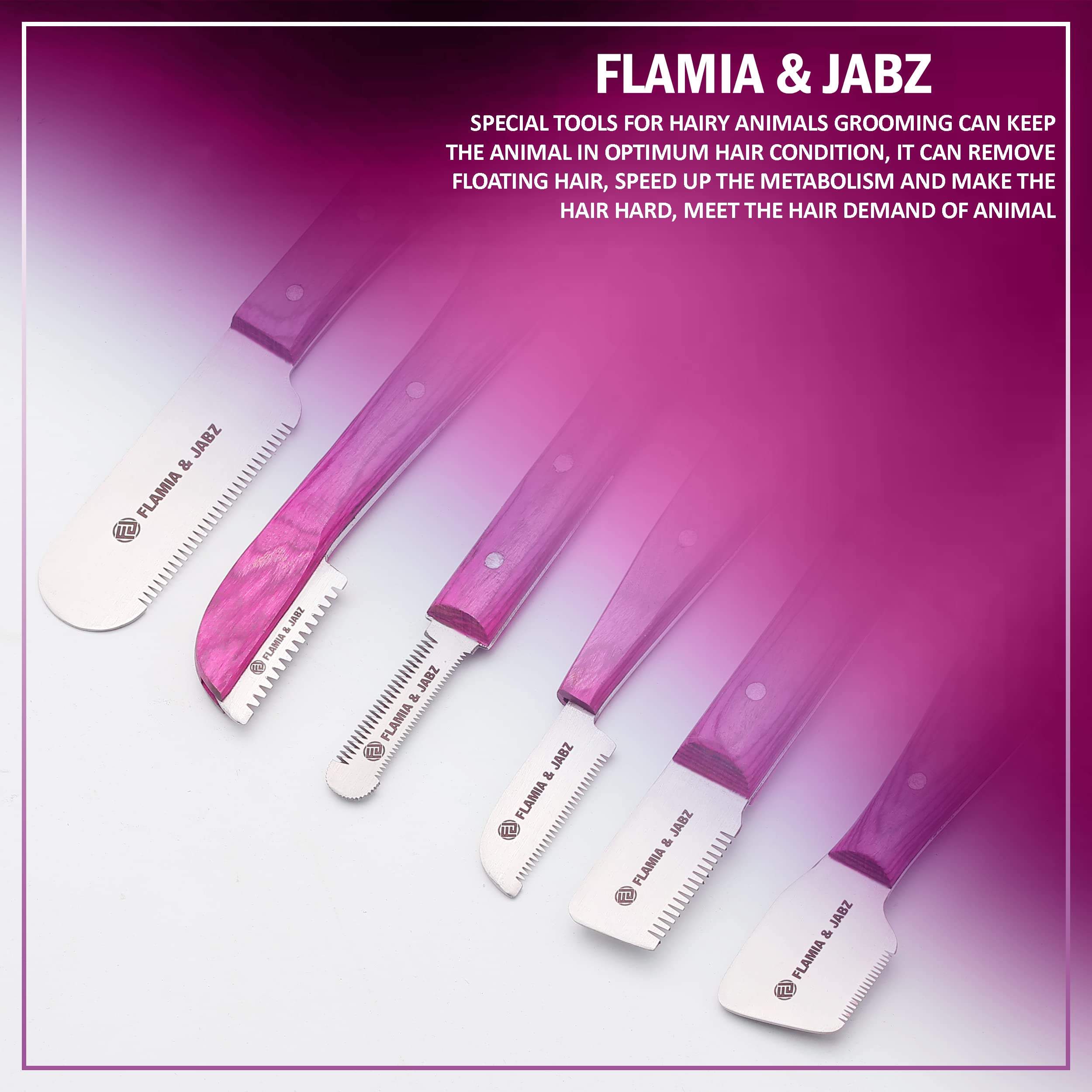 Kit Spelafili FLAMIA & JABZ Per Cani - 6 Pezzi, Manico Legno, Lama Acciaio Inox, Per Destrorsi - Foto 2