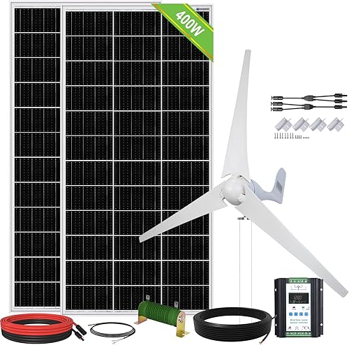 ECO-WORTHY Kit de energía eólica solar de 800 W 1 generador de turbina eólica de 400 W con controlador híbrido 2 paneles solares mono de 195 W para