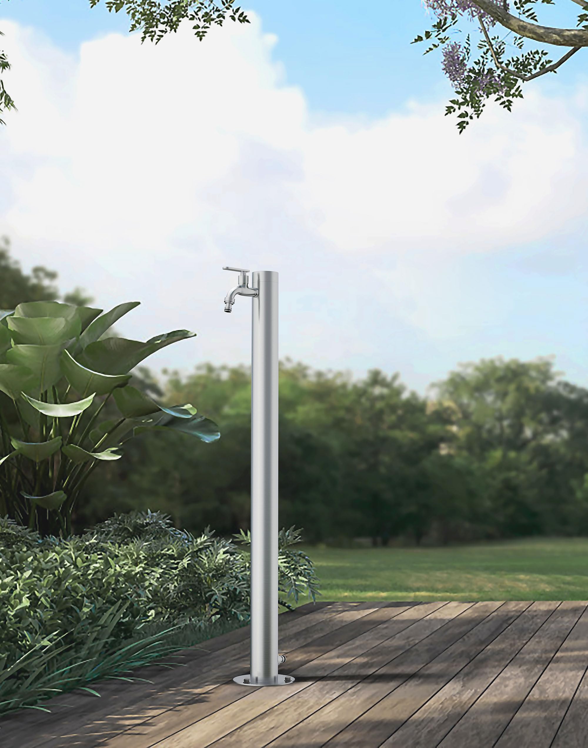 Edelstahl Wasserzapfsäule 93 cm Garten Wasserhahn Säule Ø 63 mm Edelstahl 304 gebürstet 2 Auslässe verdeckter Wasserzulauf stabile Bodenmontage Zapfstelle für Garten & Terrasse