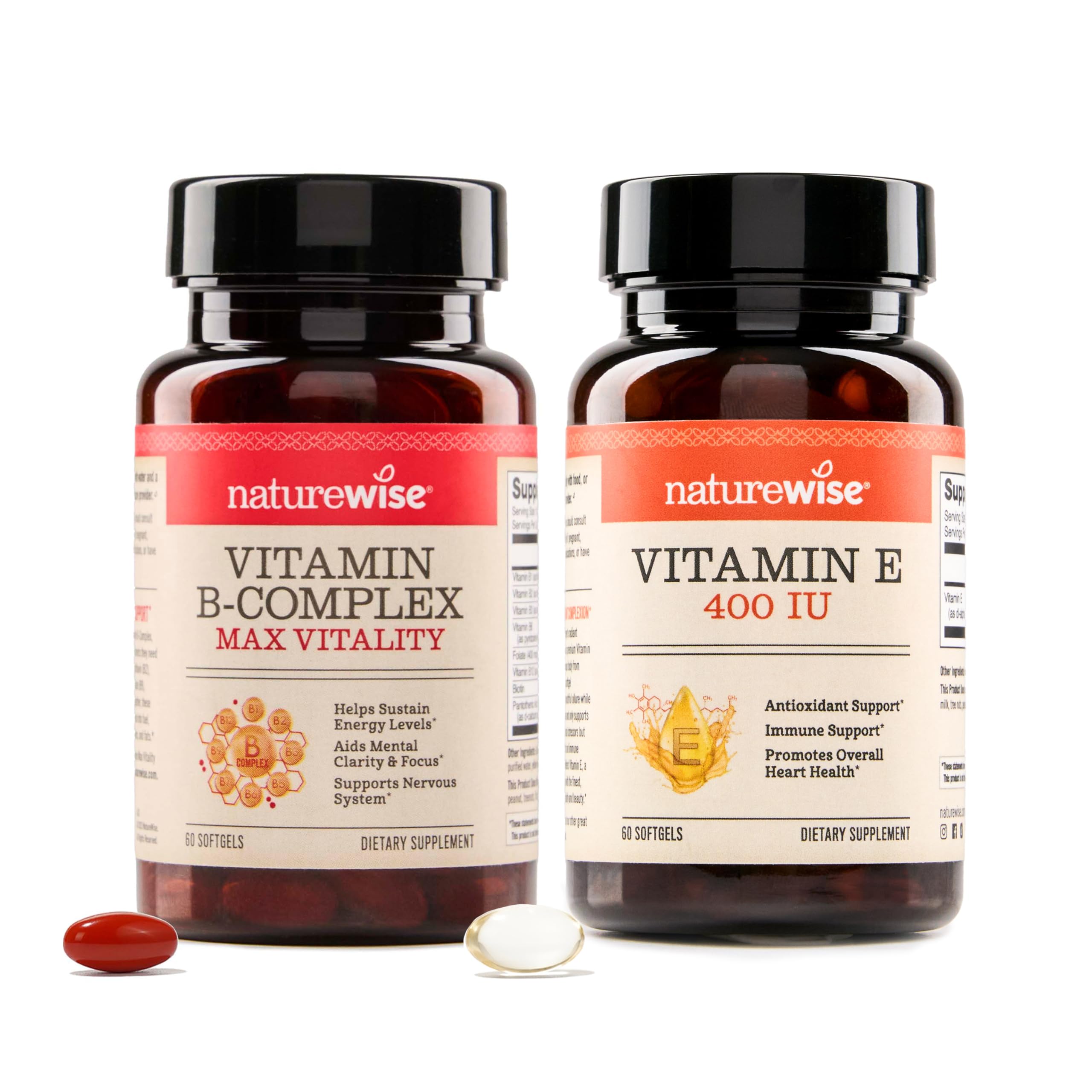 NatureWise B Complex Vitamins with Folic Acid 60 Count + Vitamin E 400 IU (180mg DL-Alpha) 60 Count - Bundle for Immune, Energy, Heart Health Support - Soy, Dai