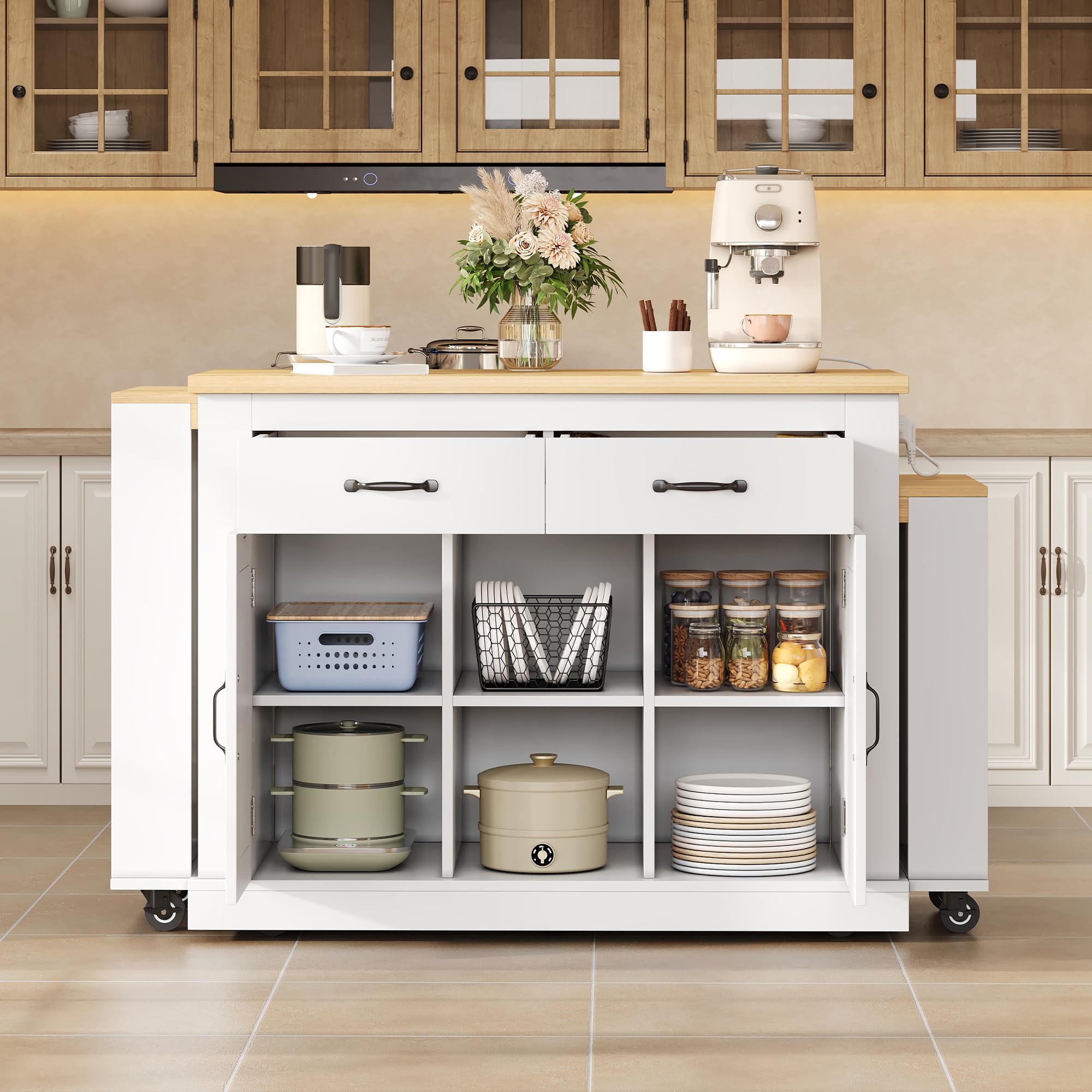 Isola da cucina con due piani di lavoro estensibili, elegante isola mobile, ripiani regolabili, 142 (massimo 340 cm) x 55 x 93 cm, adatta per cucina, sala da pranzo, soggiorno, ecc., bianco