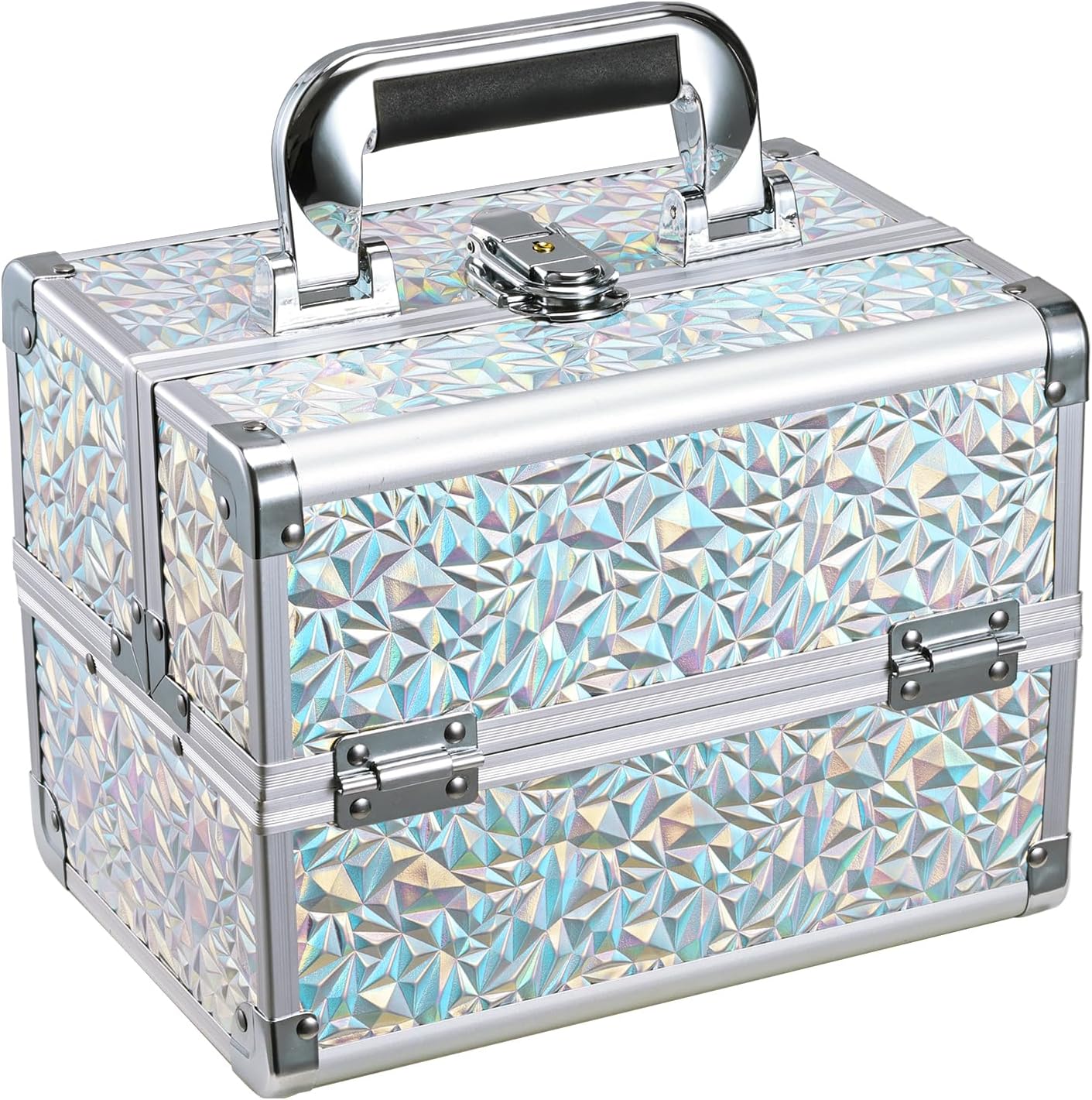 Makeup Train Case Makeup Case Organizer Portable Cosmetic Box Storage with 2 Trays Mirror Locking with Keys Make Up Travel Case Nail Kits Traveling Makeup Box Shiny Silver