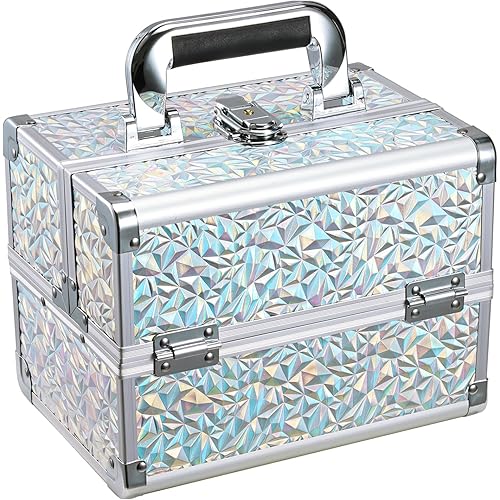 Joligrace Makeup Train Case Makeup Case Organizer Portable Cosmetic Box Storage with 2 Trays Mirror Locking with Keys Make Up Travel Case Nail Kits Traveling Makeup Box Shiny Silver