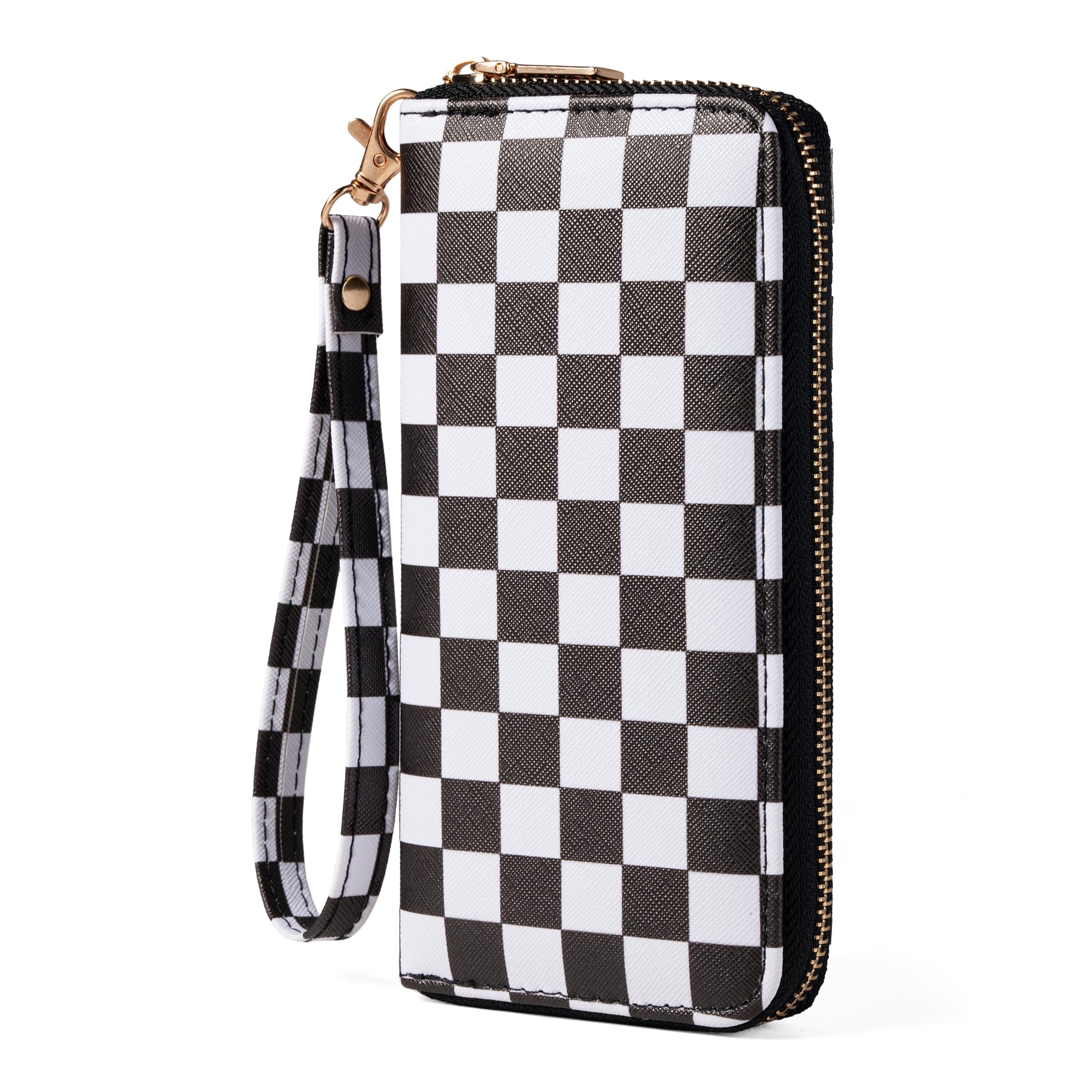 Checkered Highland Cow Print Book Wallet For Women Skull Goth Frog Butterfly Ladies Cluth Wristlet Wrist Strap Long Purse Zip Around Card Holder
