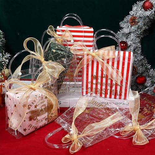Miniatura 5 de Paterr 36 bolsas de regalo transparentes de Navidad con cinta, bolsas reutilizables transparentes para fiesta con asas, bolsas de regalo