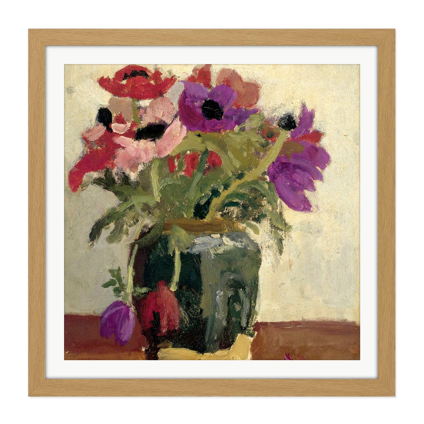 Artery8 Breitner Ginger Pot With Anemones Painting Square Wooden Framed Wall Art Print Picture 16X16 Inch
