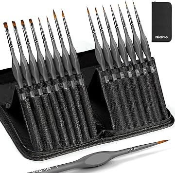 Nicpro 15 Pack Miniature Painting Set, Fine Detail Paint Brushes for Models, Acrylic Watercolor Oil, Ceramic, Shoe, Art Figure Paint by Number - Thin Artist Kit Nylon Holder