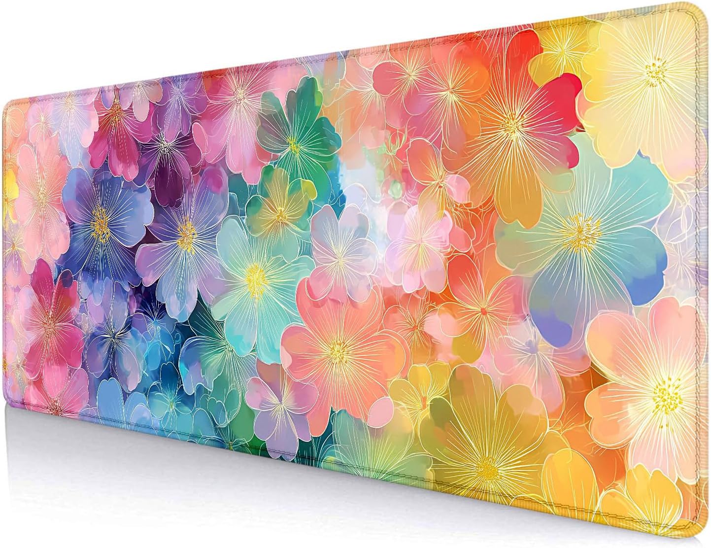 Colorful Flowers Large Mouse Pad Mat, Pink Blue Yellow and Green Pattern Desk Mat, Watercolor Beautiful Floral Desk Pads for Office, Non-Slip Laptop Computer Pad, 31.5x11.8 in