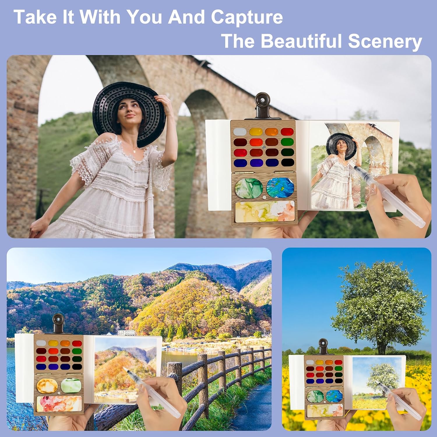 Mini Watercolor Paint Set，Travel Watercolor Set，Portable Watercolor Kit，Pocket Artist Water Color Travel Set with Include Paint, Brush and Picture Album for Beginners Artists Painting Enthusiasts