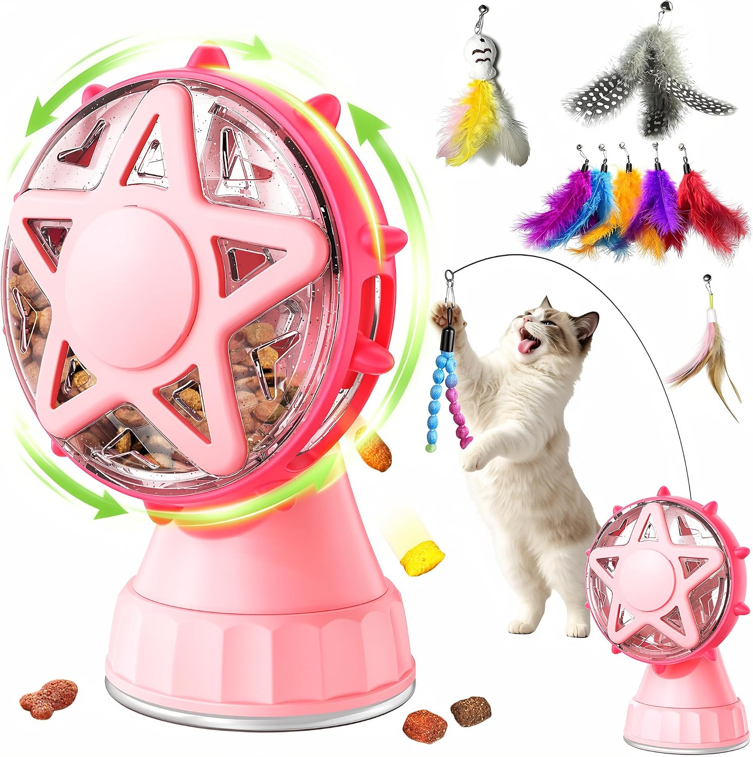 Cat Toys for Indoor Cats，Interactive Cat Toy Kitten Toys Enrichment with Adjustable Cat Food Dispenser, Slow Feeder Puzzle Removable Teaser Wand Toy for Bored Indoor Adult Cats (Rosy Pink)
