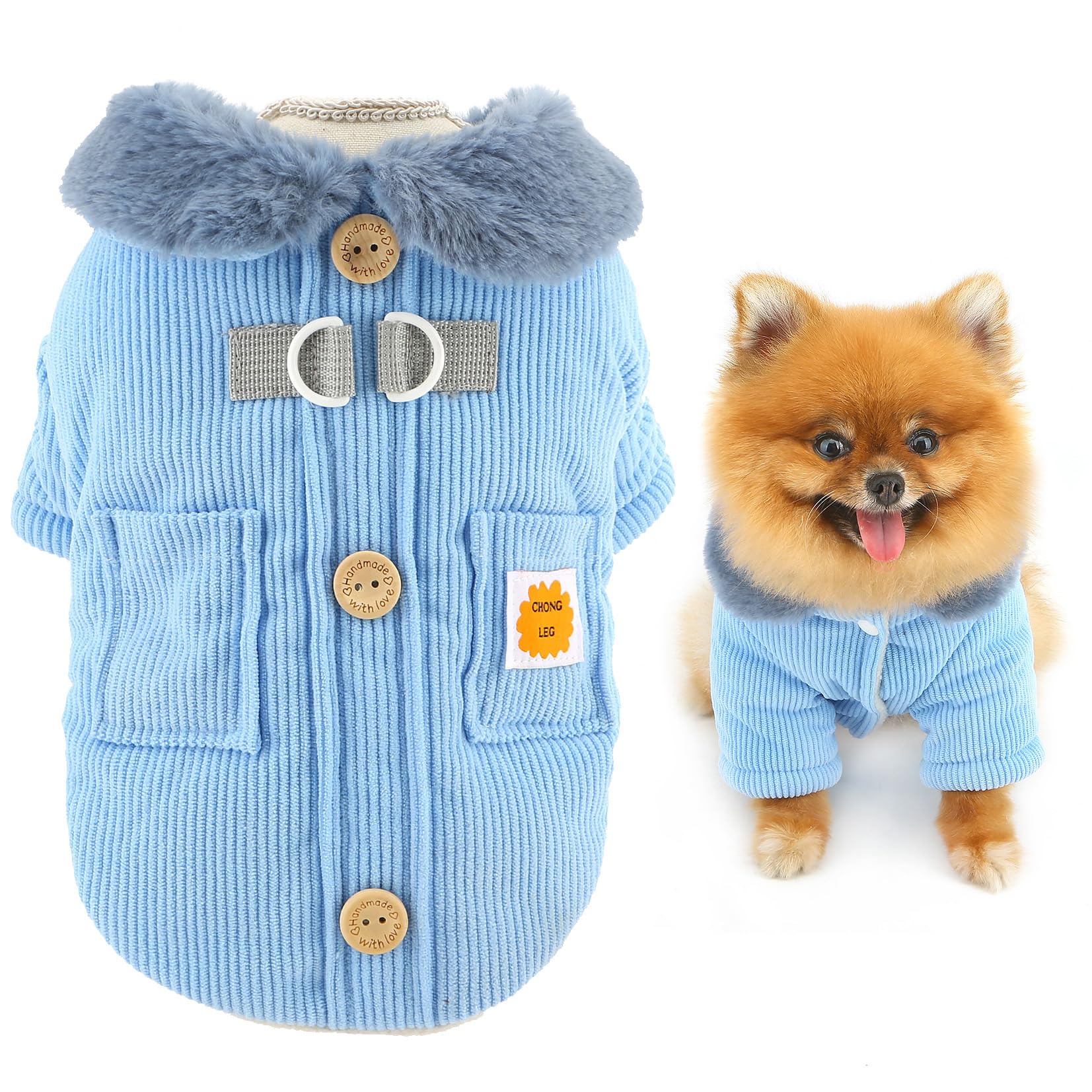 SMALLLEE_LUCKY_STORE Fleece Lined Corduroy Dog Coat for Small Dogs, Soft Puppy Harness Jacket with D-Ring and Pocket Fuzzy Collar Warm Pet Padded Autumn Winter Chihuahua Yorkie Clothes Blue L โ image 1