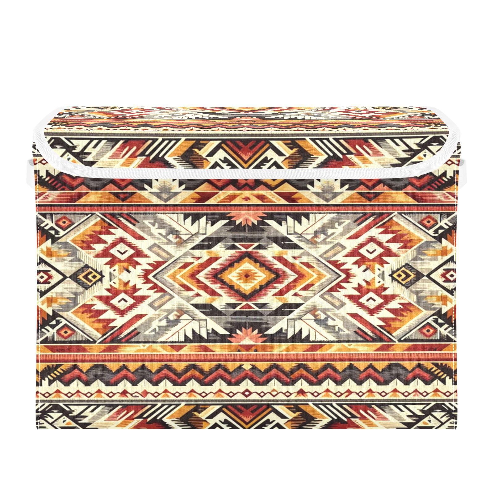 Ewusp Ethnic Prints Fabric Storage Bin with Lid, Decorative Foldable Storage Basket with Handles, Stackable Closet Shelf Organiser Box for Clothes, Books, Bedroom, Living Room