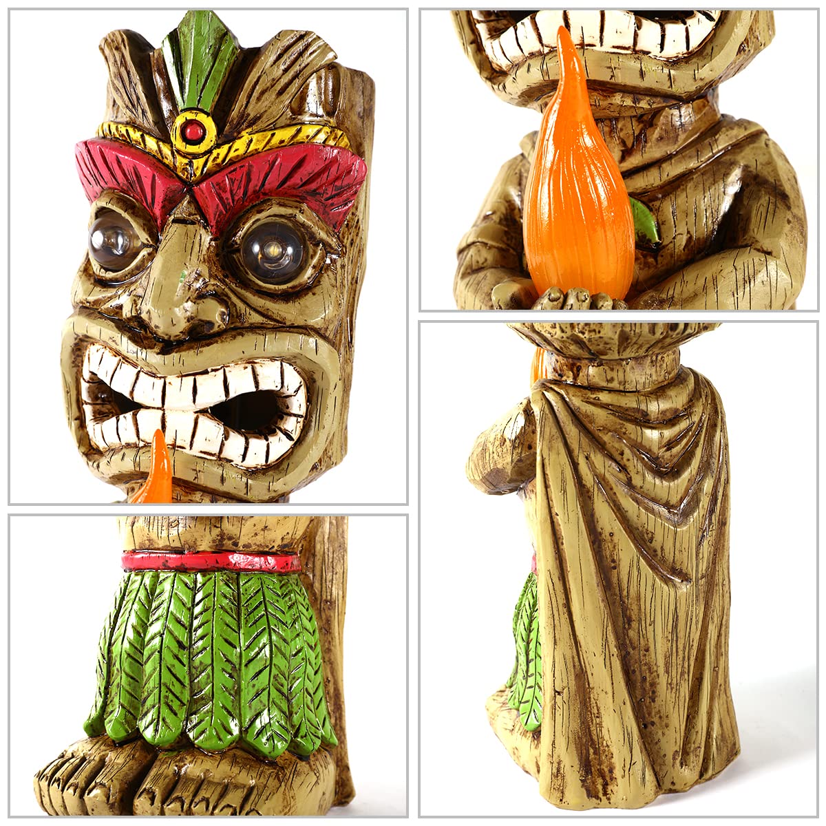 Solar Tiki Fackel Gartenstatue, Harz Tiki Dekor Figur mit solarbetriebenen Lichtern, hawaiianischer tropischer Tiki Mann Krieger, Tiki Dude, Tiki Gott, Party, Strand Dekoration