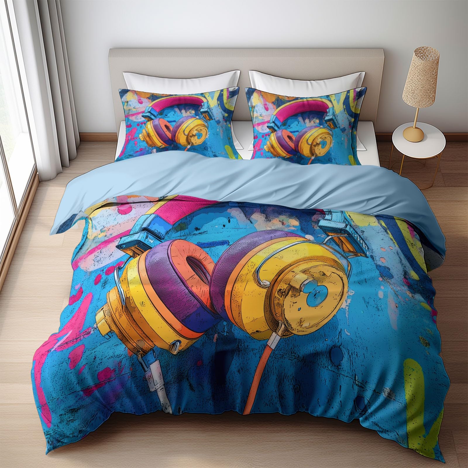 Set di biancheria da letto king size con cerniera nascosta, per ragazzi e ragazzi, motivo: cuffie e cuffie con musica hip-hop, blu, in morbida microfibra, con cerniera nascosta, 230 x 220 cm + 2