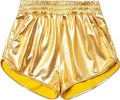 Perfashion Pantalones cortos metálicos para niñas, color dorado, plateado, rosa
