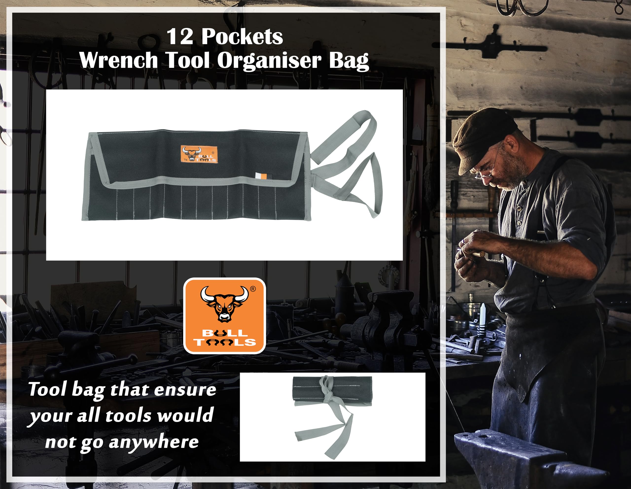 Tool Roll Organizer With 12 Pockets - Waterproof Canvas Tool Storage Pouch For DIY & Mechanics