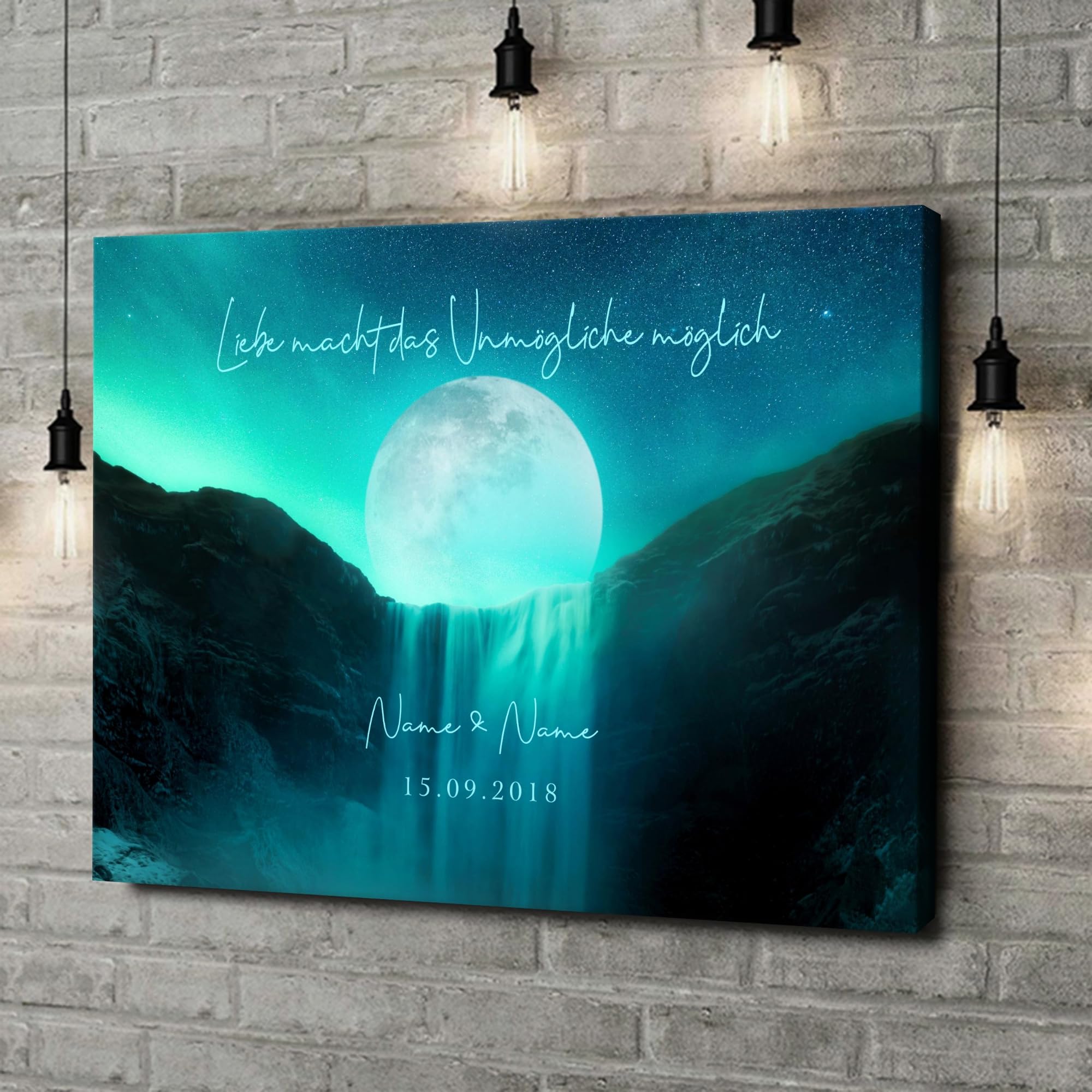 Liebesleinwand Leinwand personalisiert Mond der Liebe | Geschenk für sie oder ihn zum Jahrestag, Verlobung, Hochzeitstag | Leinwandbild gestalten mit Namen und Datum