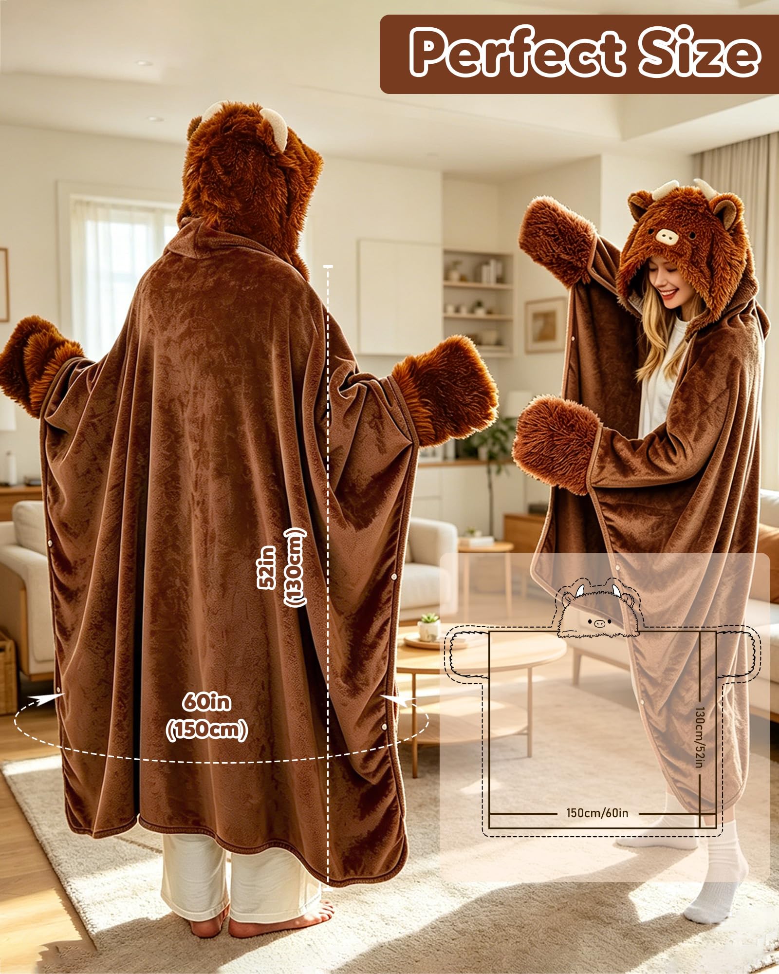 SQEQE Tragbare Decken mit Kapuze und Handschuhen Hoodie Decke Sofadecke Cartoon Kuscheldecke für Damen und Herren 150x130cm